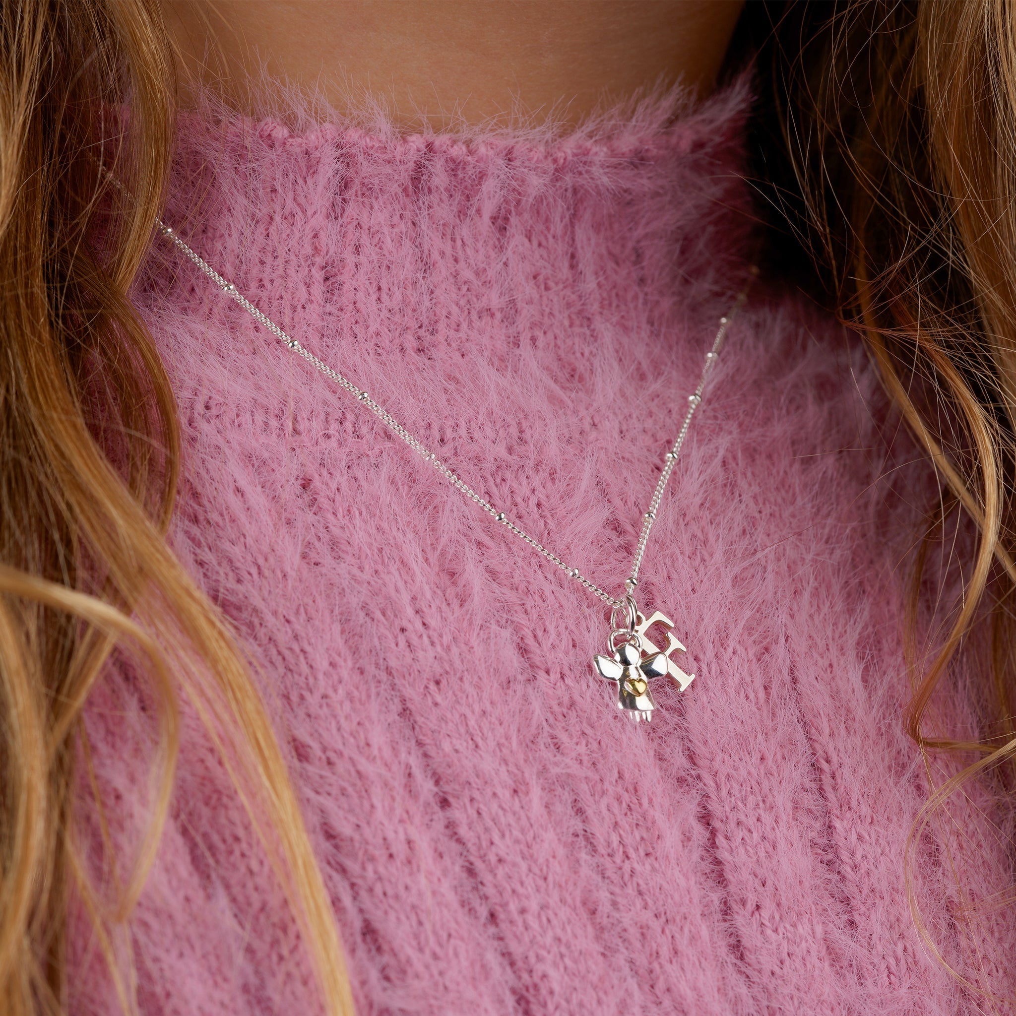 Necklace Kids Initial & Guardian Angel Charm Necklace Noa & Nellie Guardian Angel Initial Necklace for Kids – Personalised Initial & Silver Guardian Angel Charm