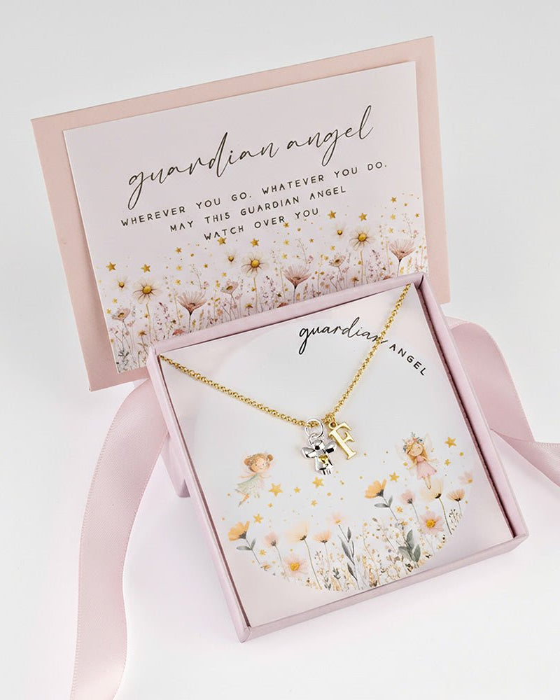 Necklace Kids Initial & Guardian Angel Charm Necklace Noa & Nellie Guardian Angel Initial Necklace for Kids – Personalised Initial & Silver Guardian Angel Charm