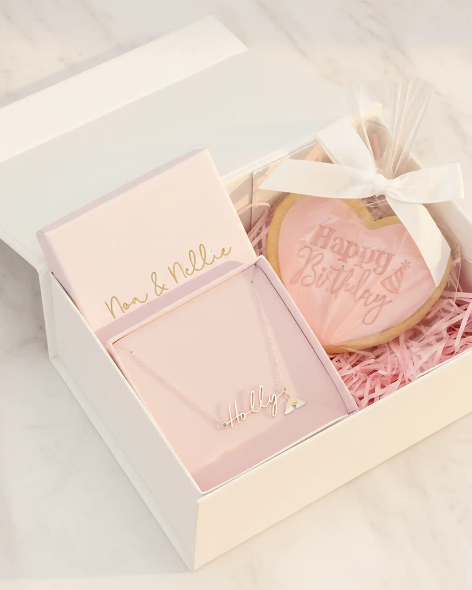 Necklace Kids Necklace & Happy Birthday Gift Box Set Noa & Nellie Kids Gift Box – Personalised Name Necklace, Teddy & Cookie Set