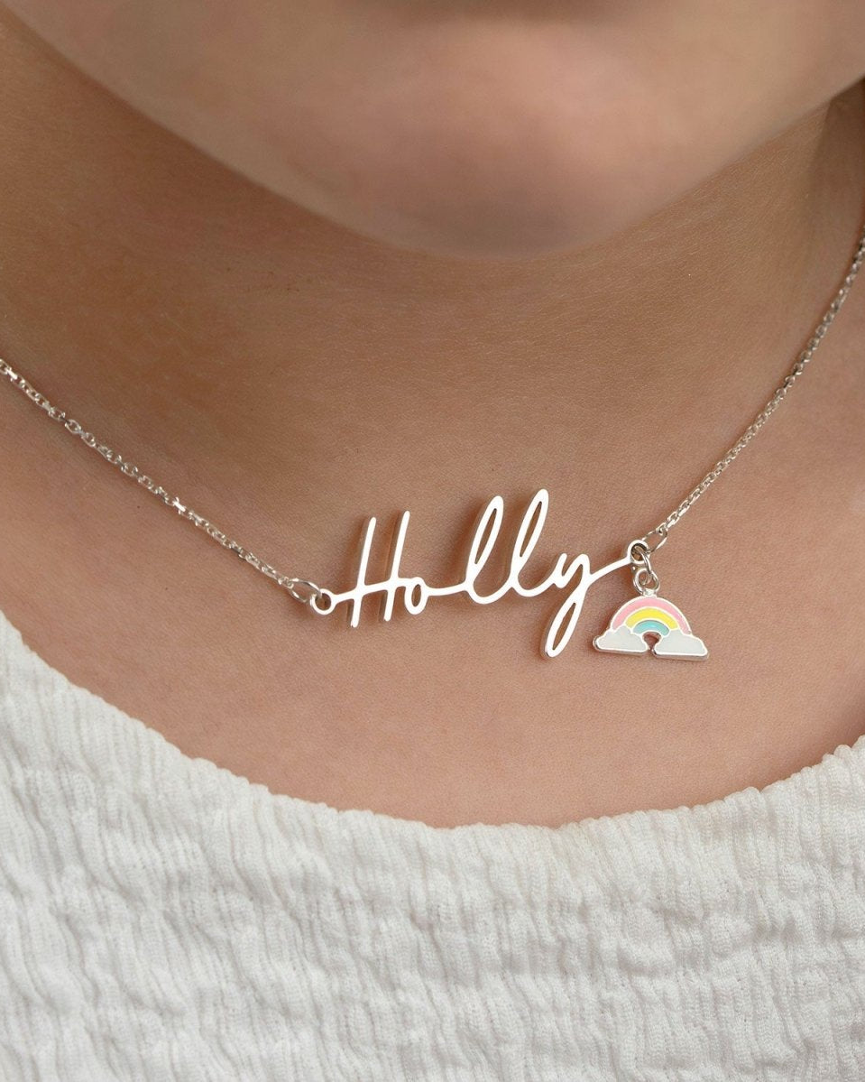 Solid Silver / Style 1 / 14" Inches Necklace Kids Name Necklace Noa & Nellie Kids Name Necklace – 9 Unique Designs & 200+ Charms – Waterproof, Hypoallergenic Children’s Jewellery Gift