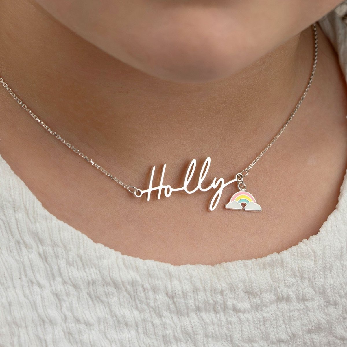 Solid Silver / Style 1 / 14" Inches Necklace Kids Name Necklace Noa & Nellie Kids Name Necklace – 9 Unique Designs & 200+ Charms – Waterproof, Hypoallergenic Children’s Jewellery Gift