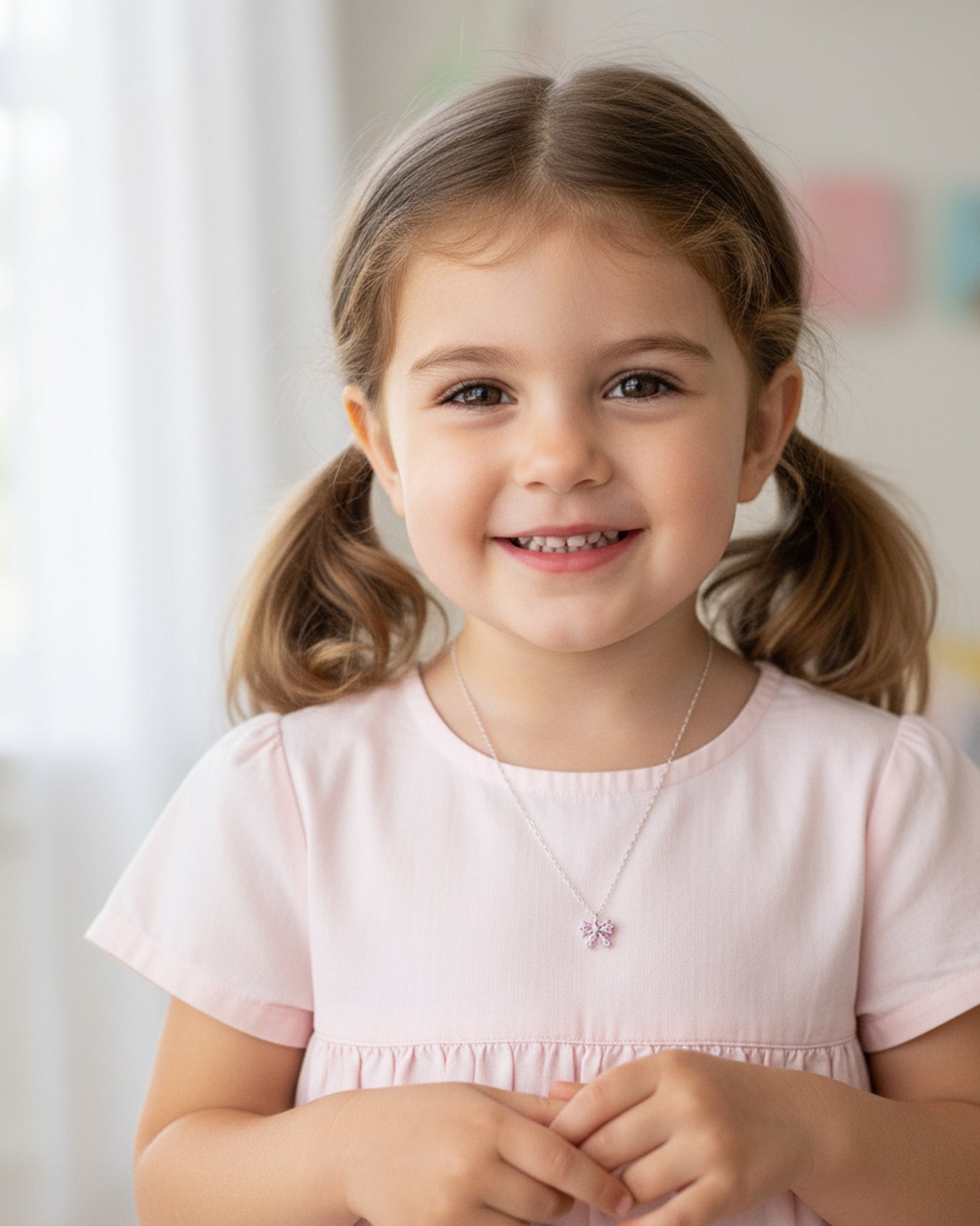 Sterling Silver Necklace Kids Bow Necklace Noa & Nellie Kids Bow Tie Necklace - Children's Bow Chain in Sterling Silver