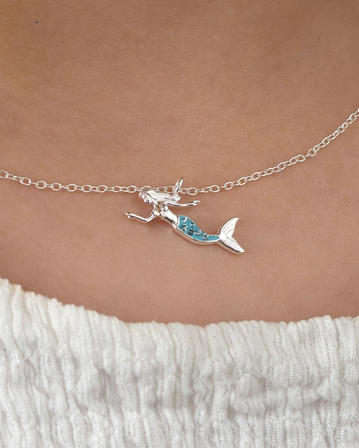 Sterling Silver Necklace Kids Mermaid Sterling Silver Necklace Noa & Nellie Mermaid Necklace for Kids – Sterling Silver Blue Charm Pendant