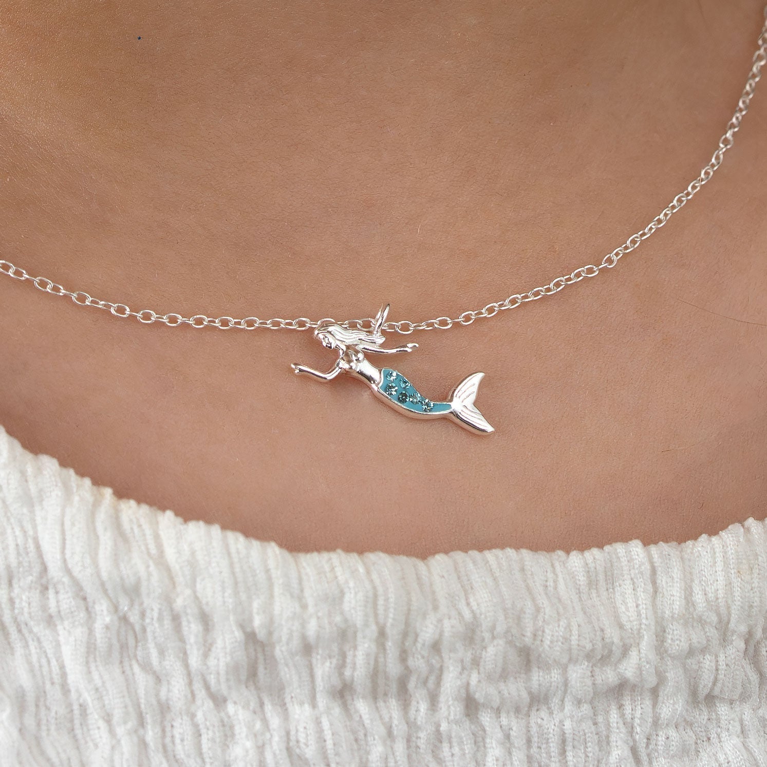 Sterling Silver Necklace Kids Mermaid Sterling Silver Necklace Noa & Nellie Mermaid Necklace for Kids – Sterling Silver Blue Charm Pendant