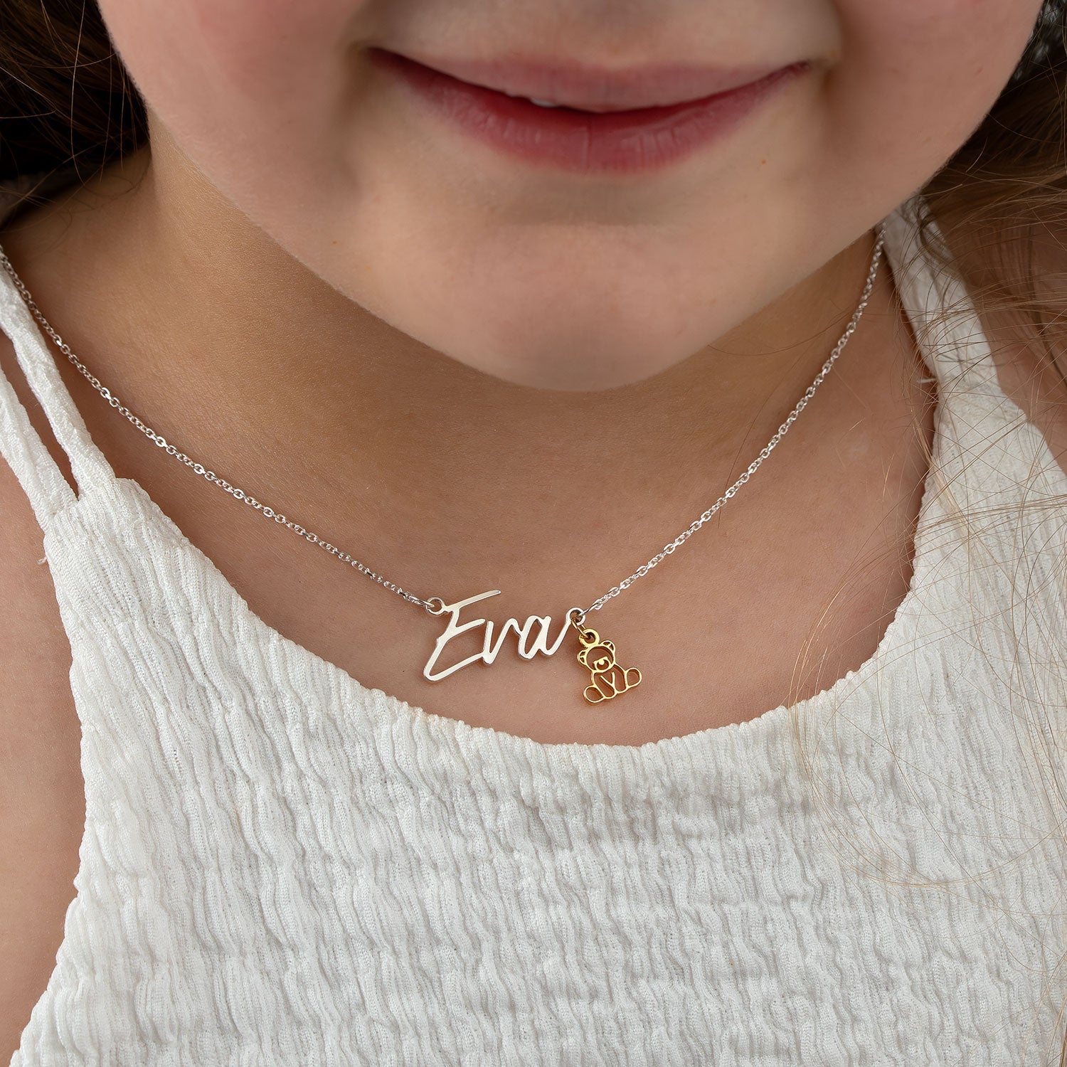 Sterling Silver / Style 1 / 14" Inches Necklace Kids Name Necklace Noa & Nellie Kids Name Necklace – 9 Unique Designs & 200+ Charms – Waterproof, Hypoallergenic Children’s Jewellery Gift