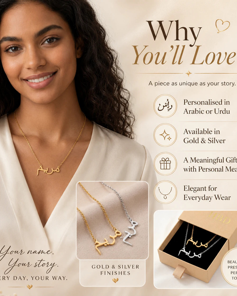Personalised Arabic & Urdu Name Necklace | Gold & Silver