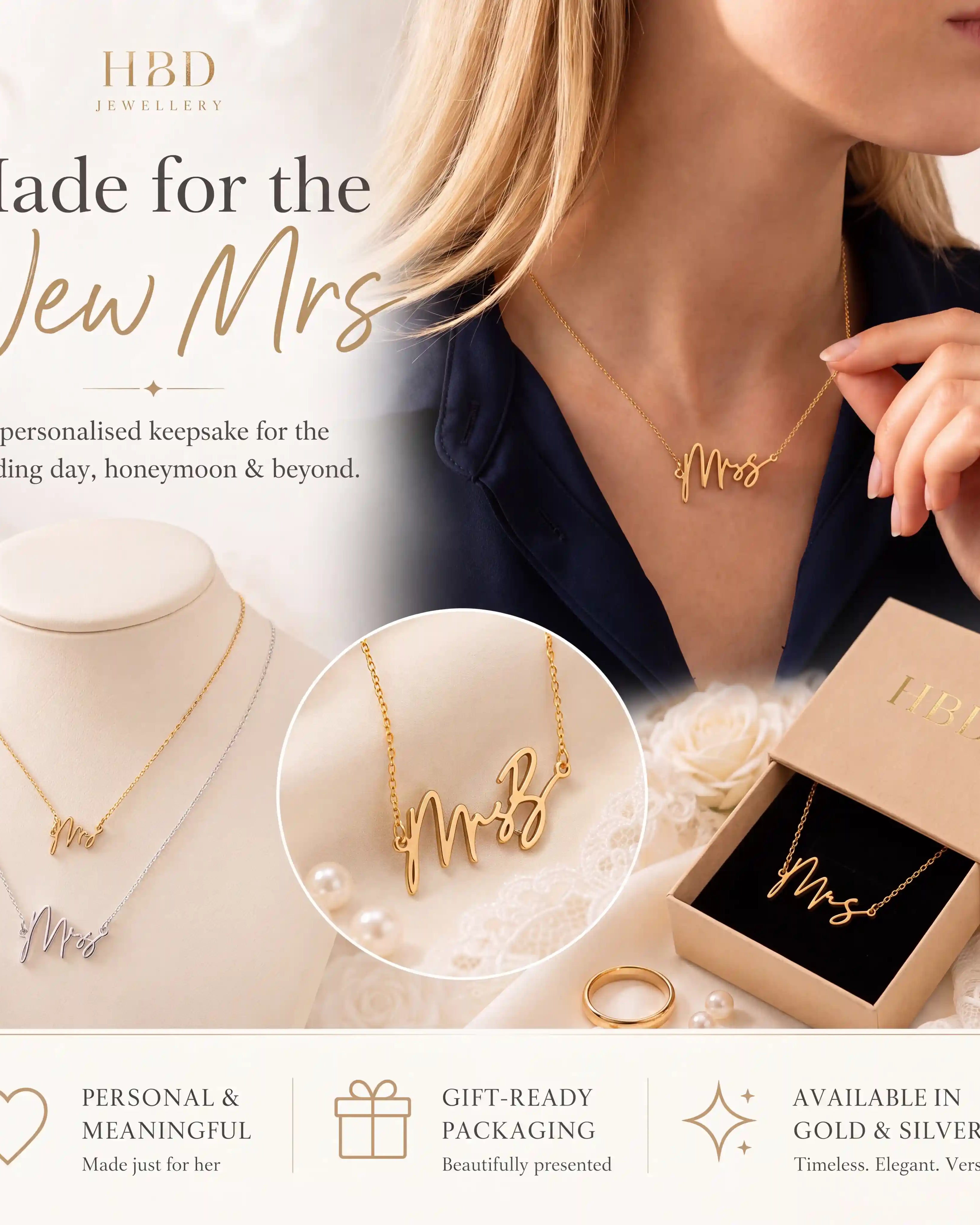 Personalised Mrs Necklace | Bridal Gift in Gold & Silver