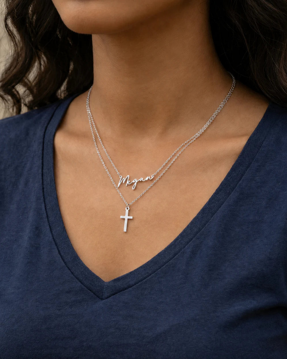 Personalised Name & Cross Layered Necklace Set | HBD