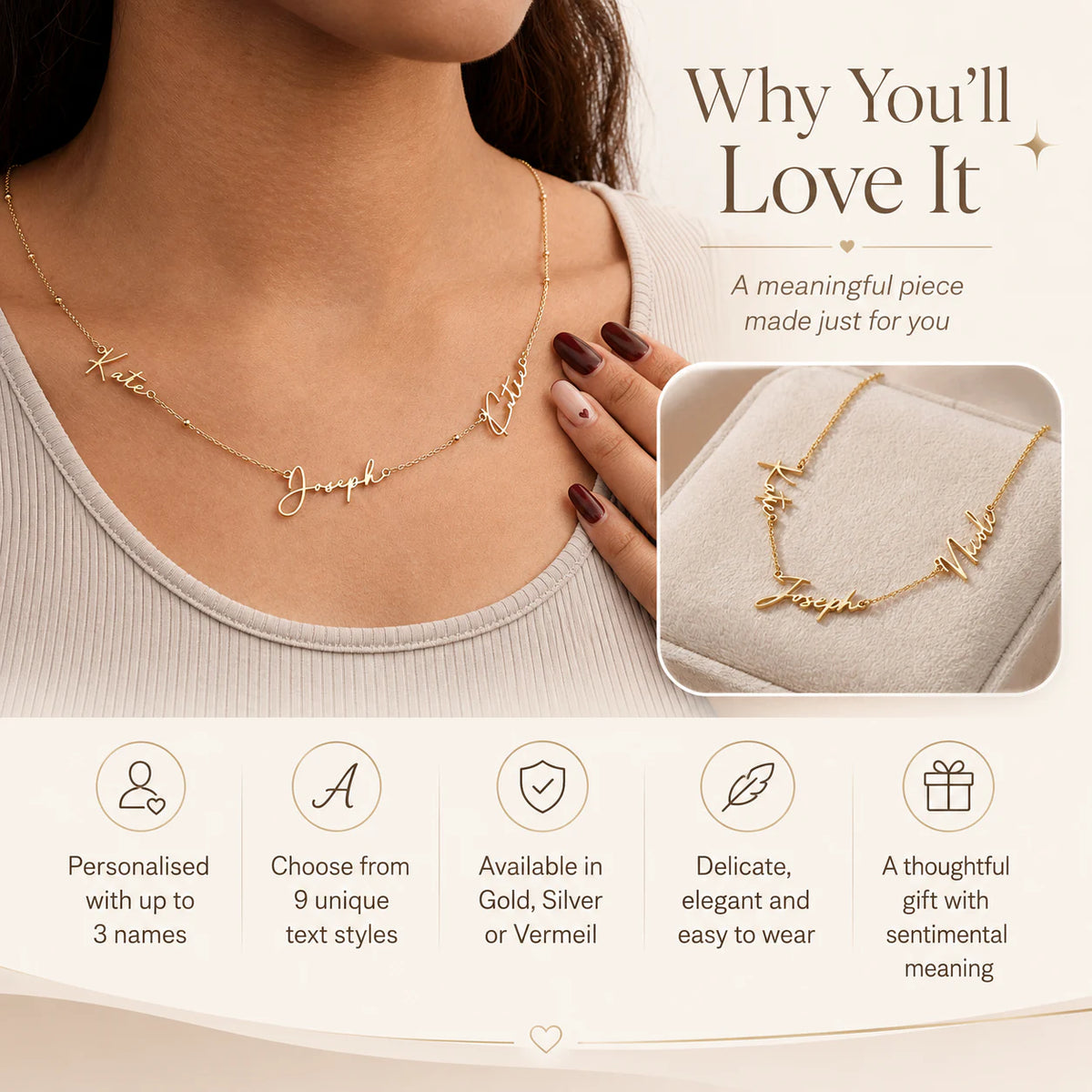 Personalised Triple Name Necklace | Gold, Silver & Vermeil