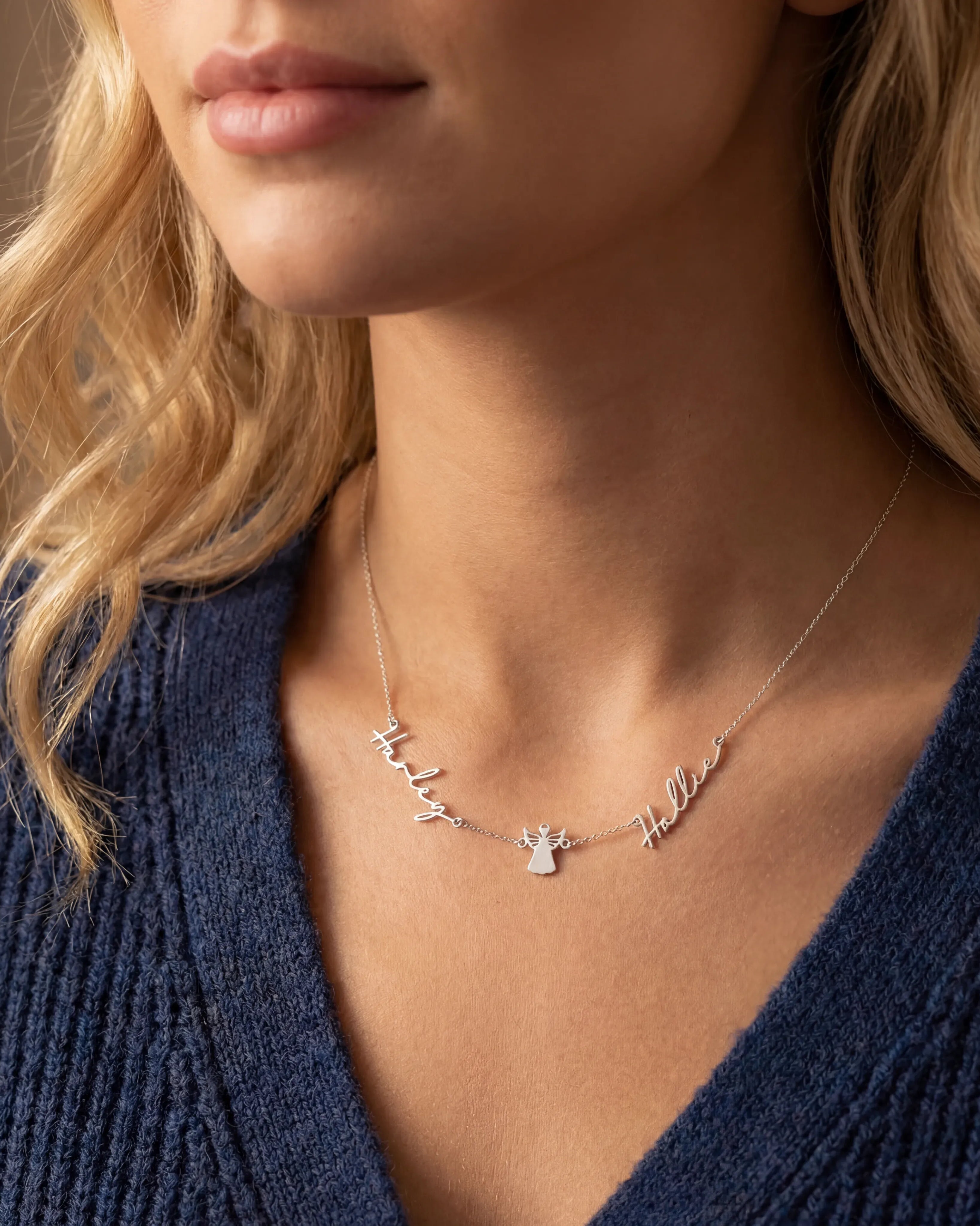 Solid Silver / Style 1 / 18" Inches Necklace Double Name with Angel Necklace HBD Angel Name Necklace with Two Names – Personalised Gold & Silver Gift
