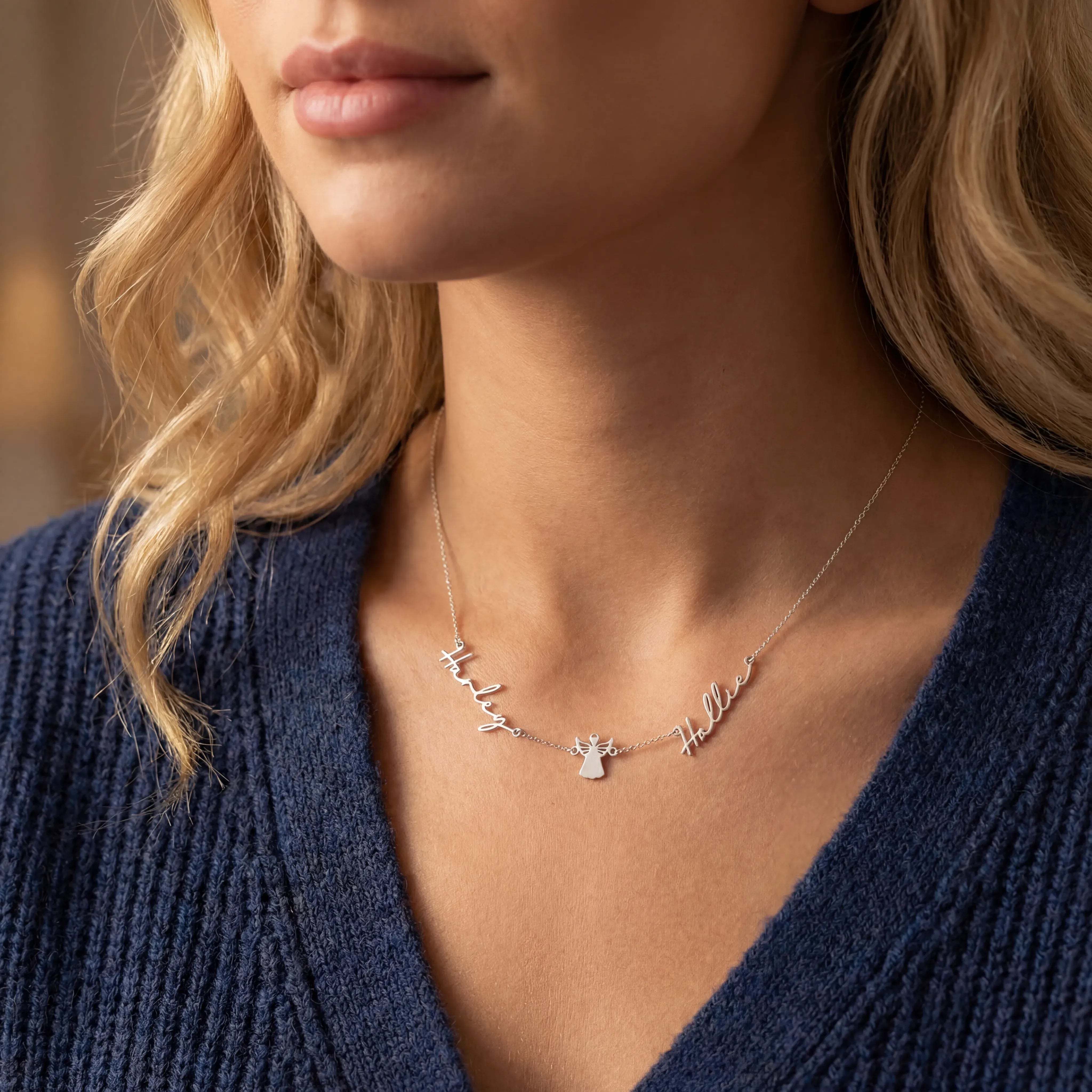 Solid Silver / Style 1 / 18" Inches Necklace Double Name with Angel Necklace HBD Angel Name Necklace with Two Names – Personalised Gold & Silver Gift