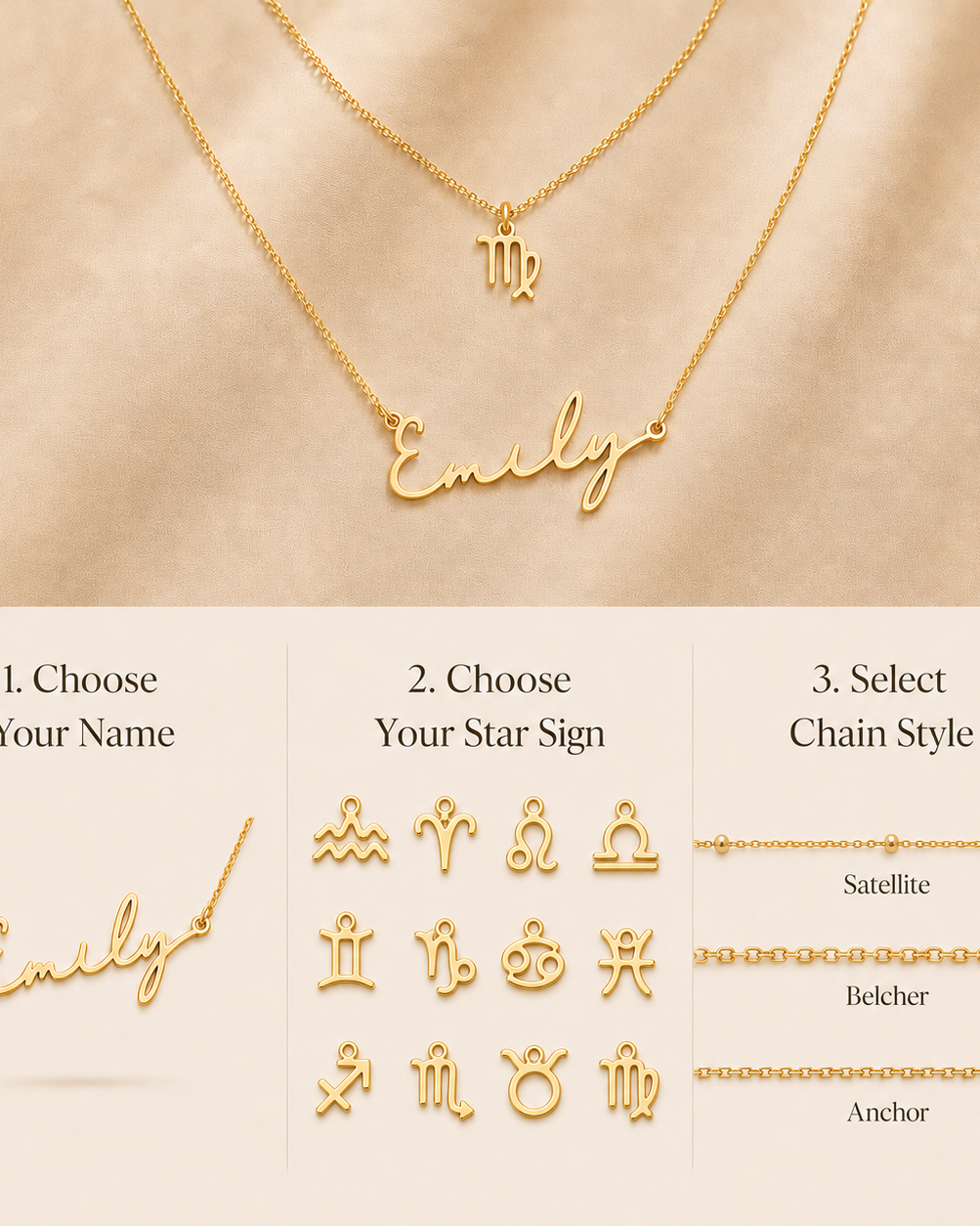 Personalised Name & Zodiac Necklace Set | Star Sign Jewellery | HBD