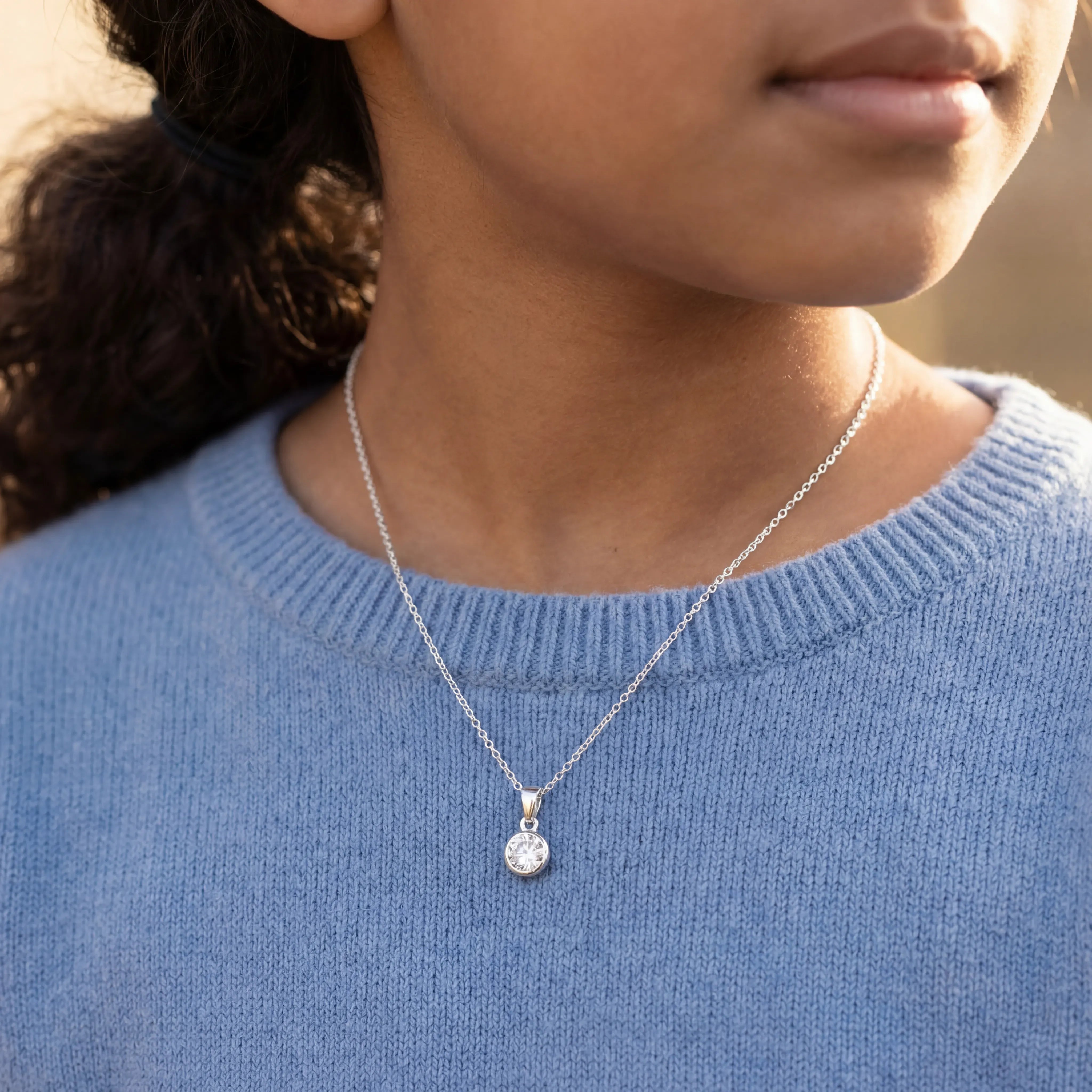 Sterling Silver / Style 1 / 14" Inches Necklace Kids Birthstone Necklace Noa & Nellie Kids Birthstone Necklace - Children's Birthstone Necklace in Sterling Silver