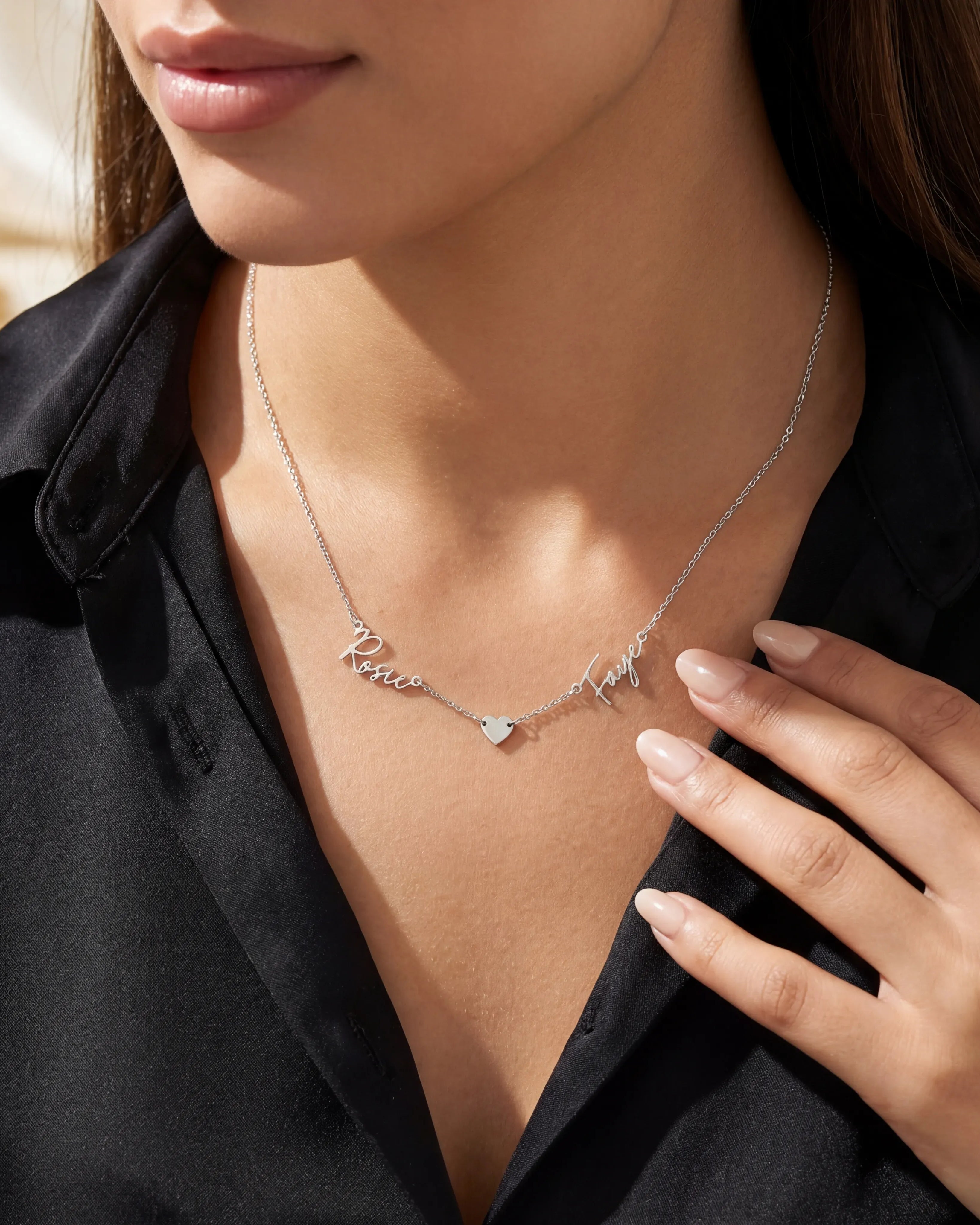 Sterling Silver / Style 1 / 18" Inches Necklace Double Name & Solid Heart Necklace HBD Double Name Necklace with Heart – Vermeil or Solid Silver – Personalised Script Necklace