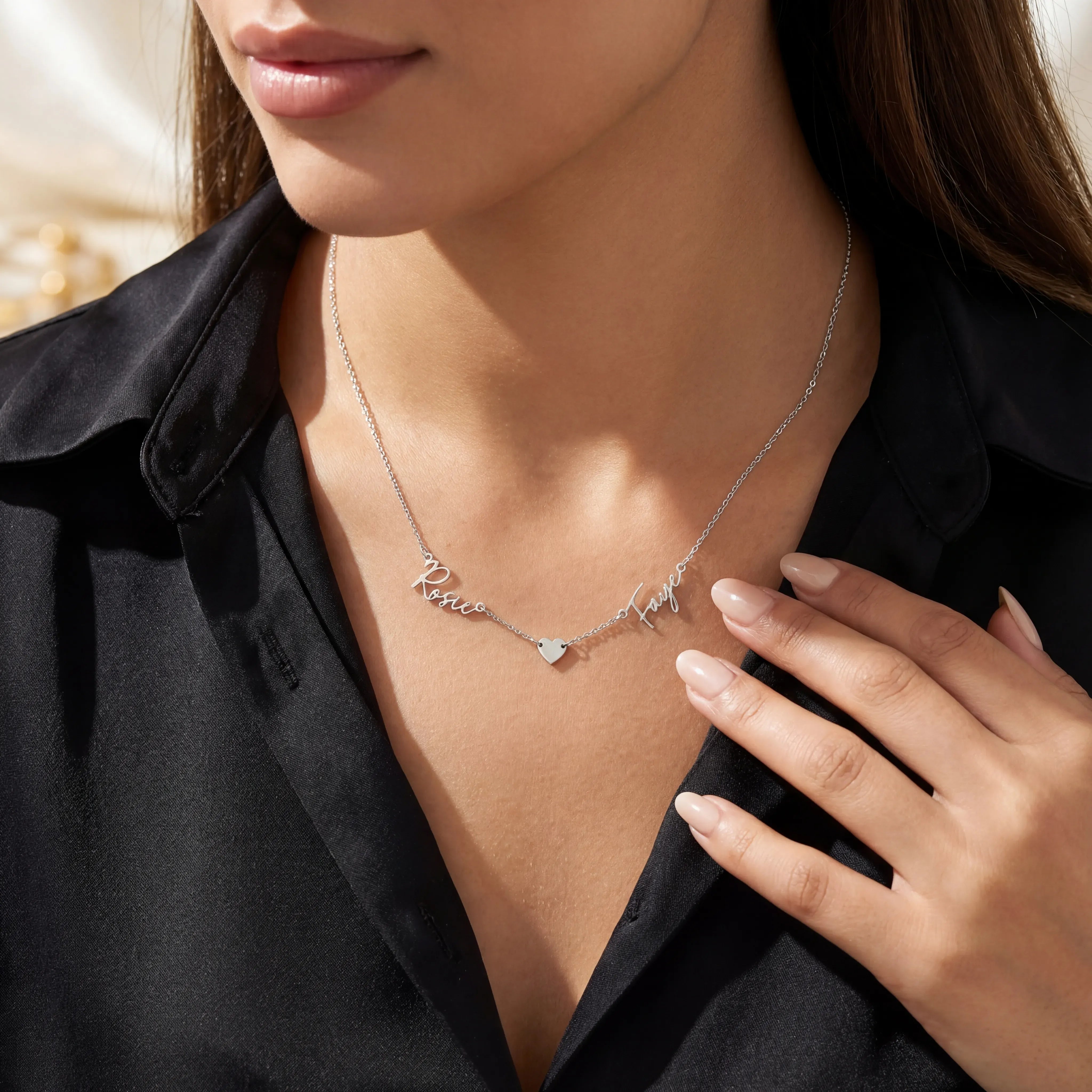 Necklace Sterling Silver / Style 1 / 18" Inches Double Name & Solid Heart Necklace HBD