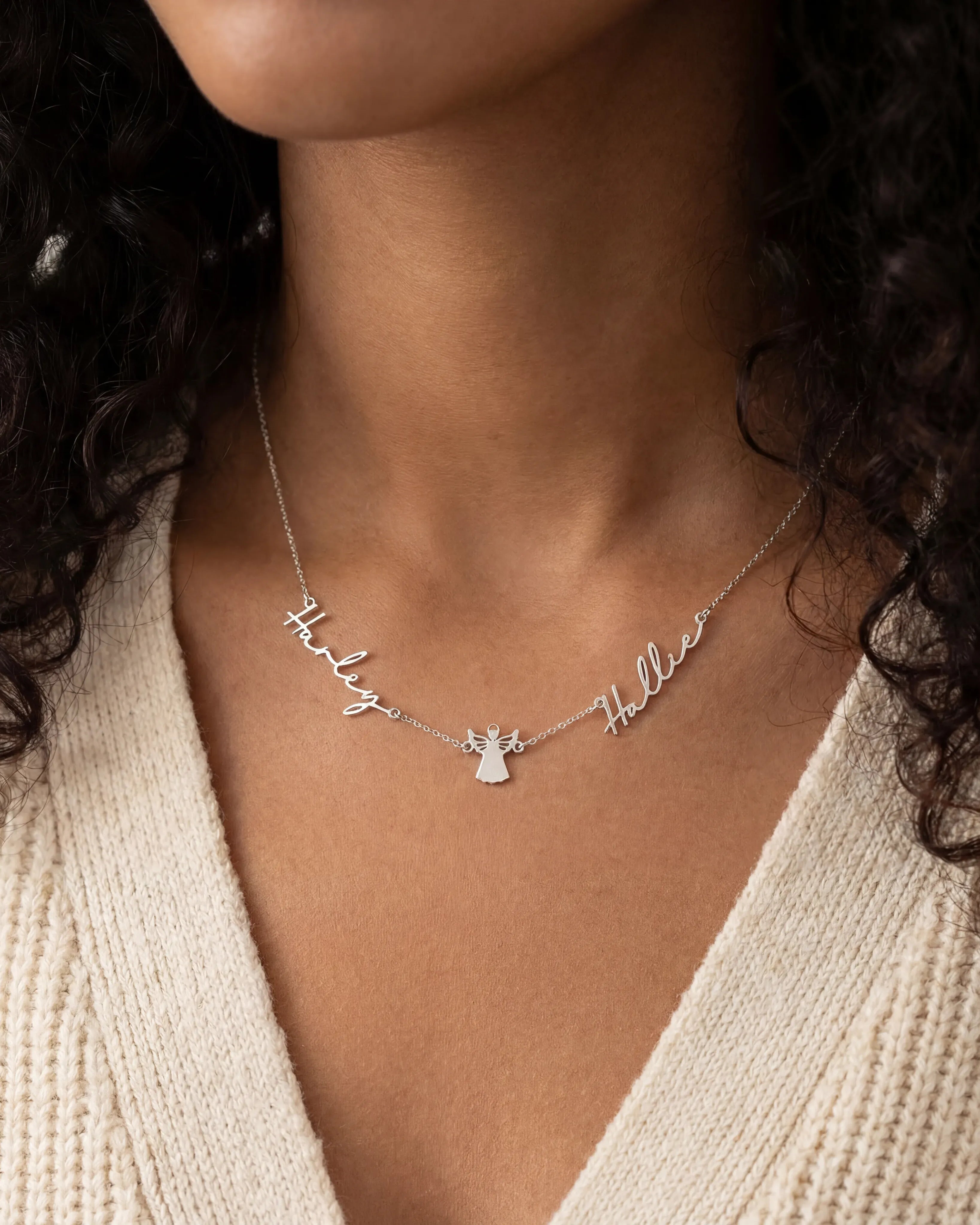 Sterling Silver / Style 1 / 18" Inches Necklace Double Name with Angel Necklace HBD Angel Name Necklace with Two Names – Personalised Gold & Silver Gift