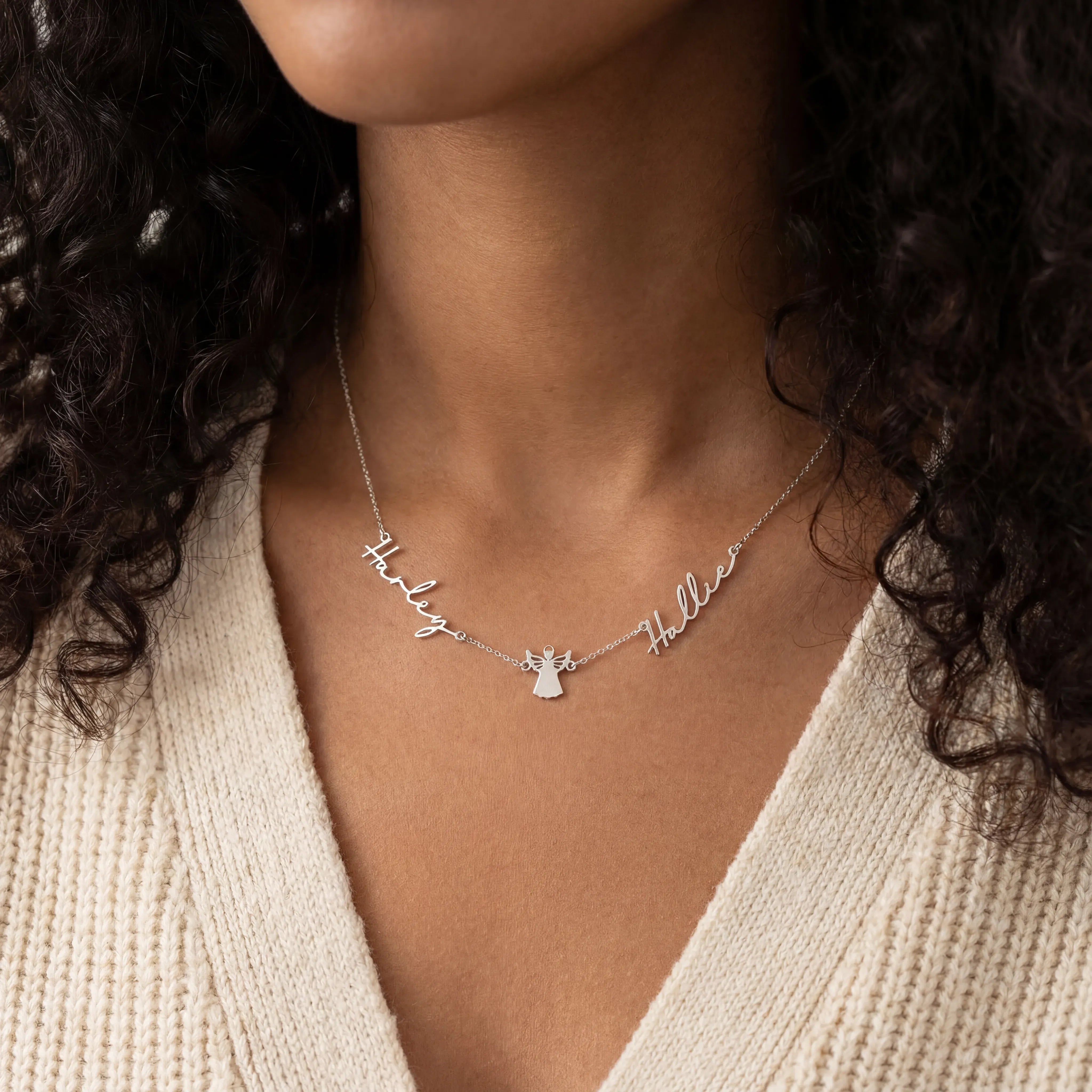Sterling Silver / Style 1 / 18" Inches Necklace Double Name with Angel Necklace HBD Angel Name Necklace with Two Names – Personalised Gold & Silver Gift