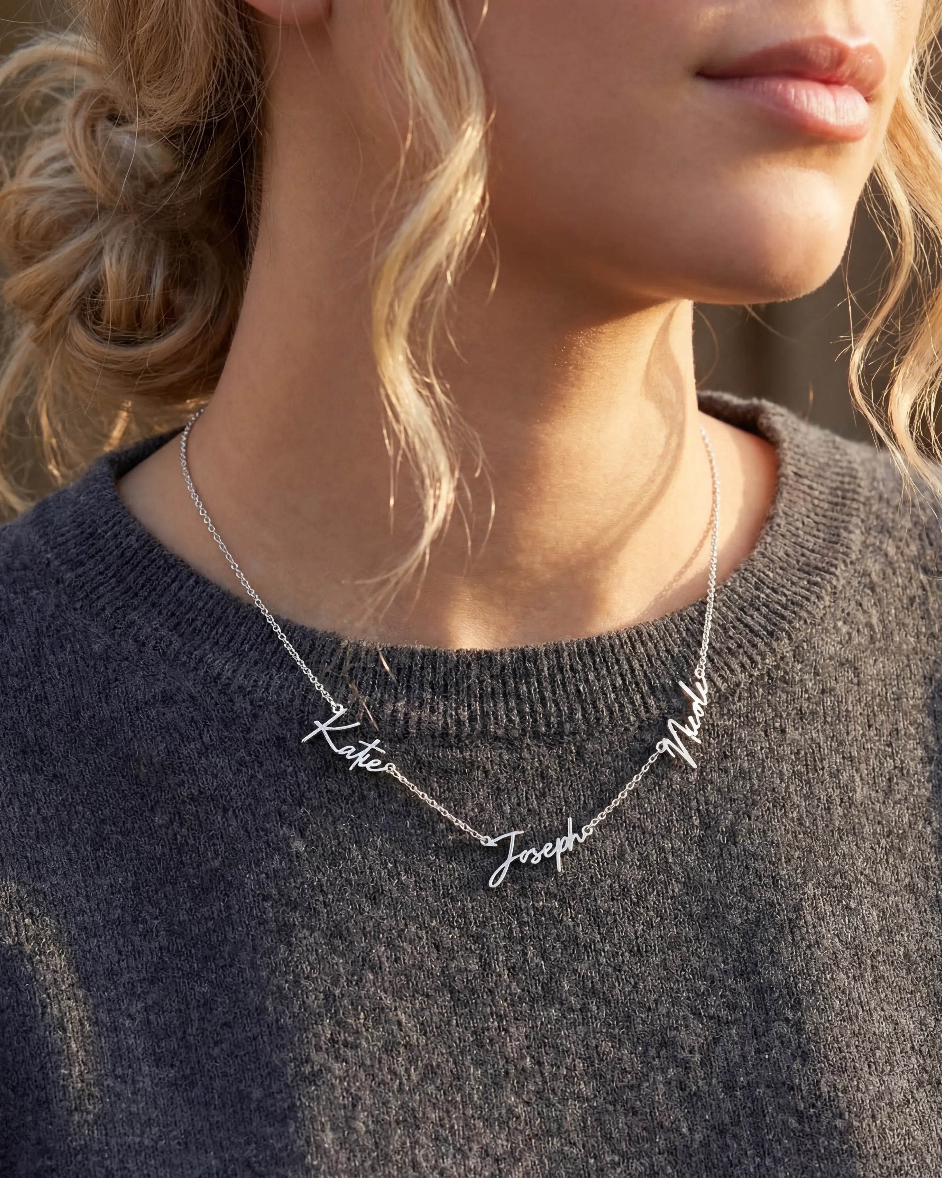 Necklace Sterling Silver / Style 1 / 18" Inches Personalised Triple Name Necklace HBD