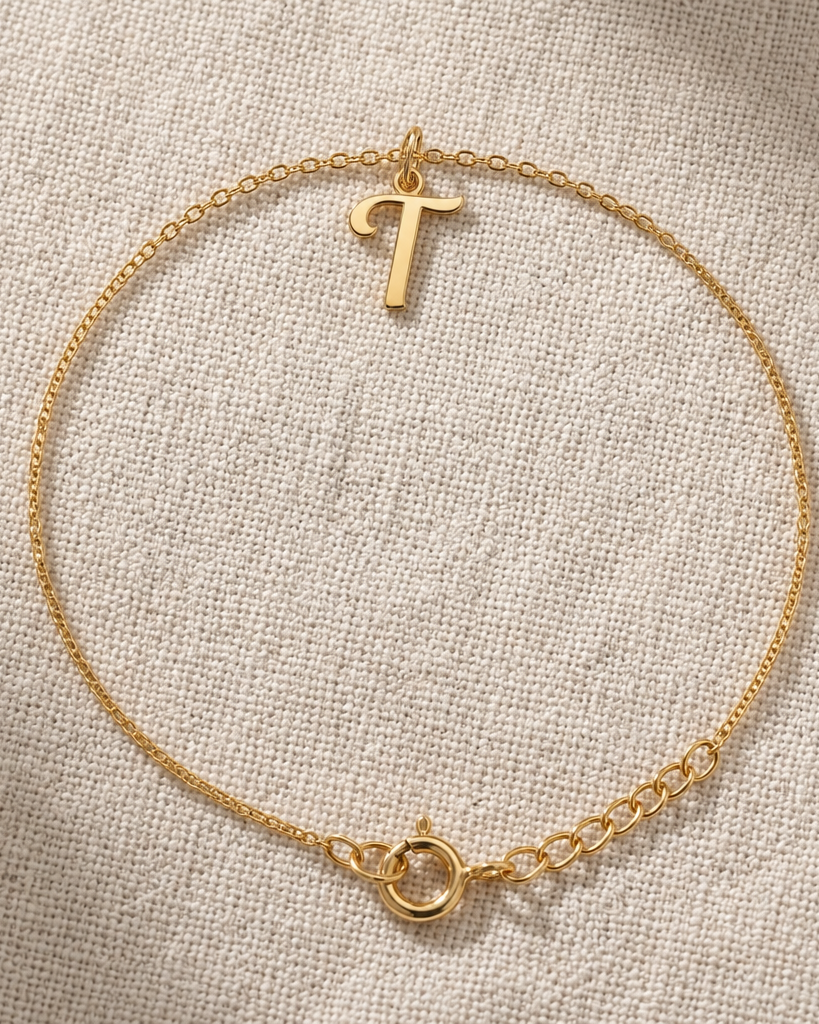 T Bracelet | Initial & Letter T Charm, Gold & Silver