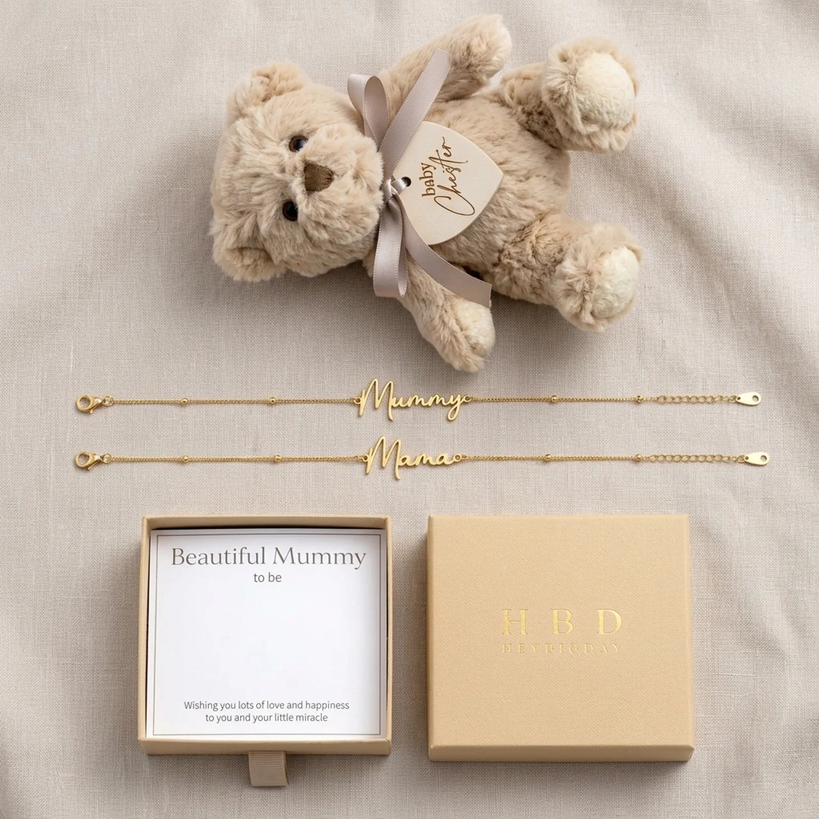 To the Beautiful Mum-to-Be Bracelet Set & Personalised Teddy Bear