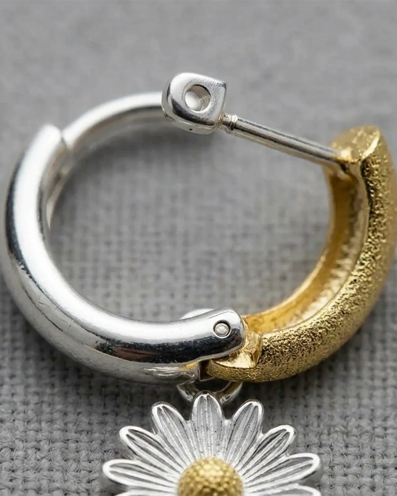 Two-tone Daisy Charm Huggie Hoop Earrings