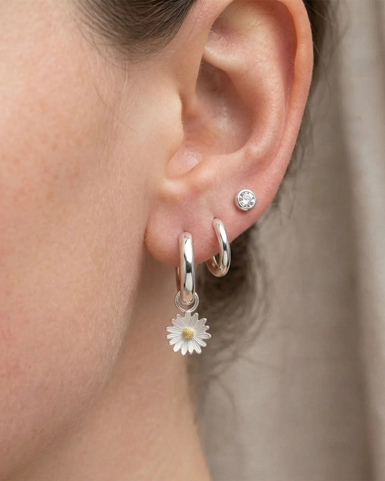 Two-tone Daisy Charm Huggie Hoop Earrings