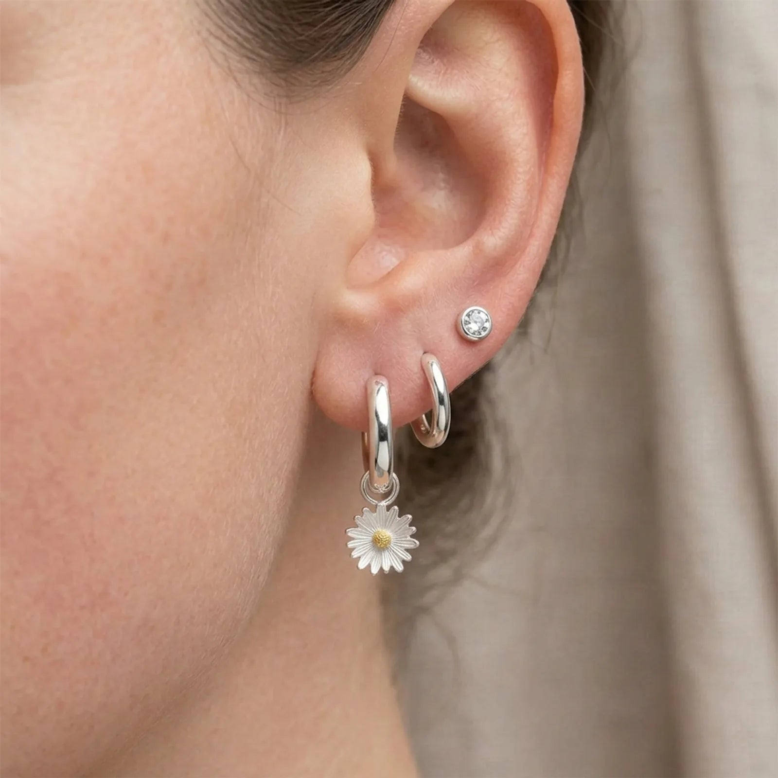 Two-tone Daisy Charm Huggie Hoop Earrings
