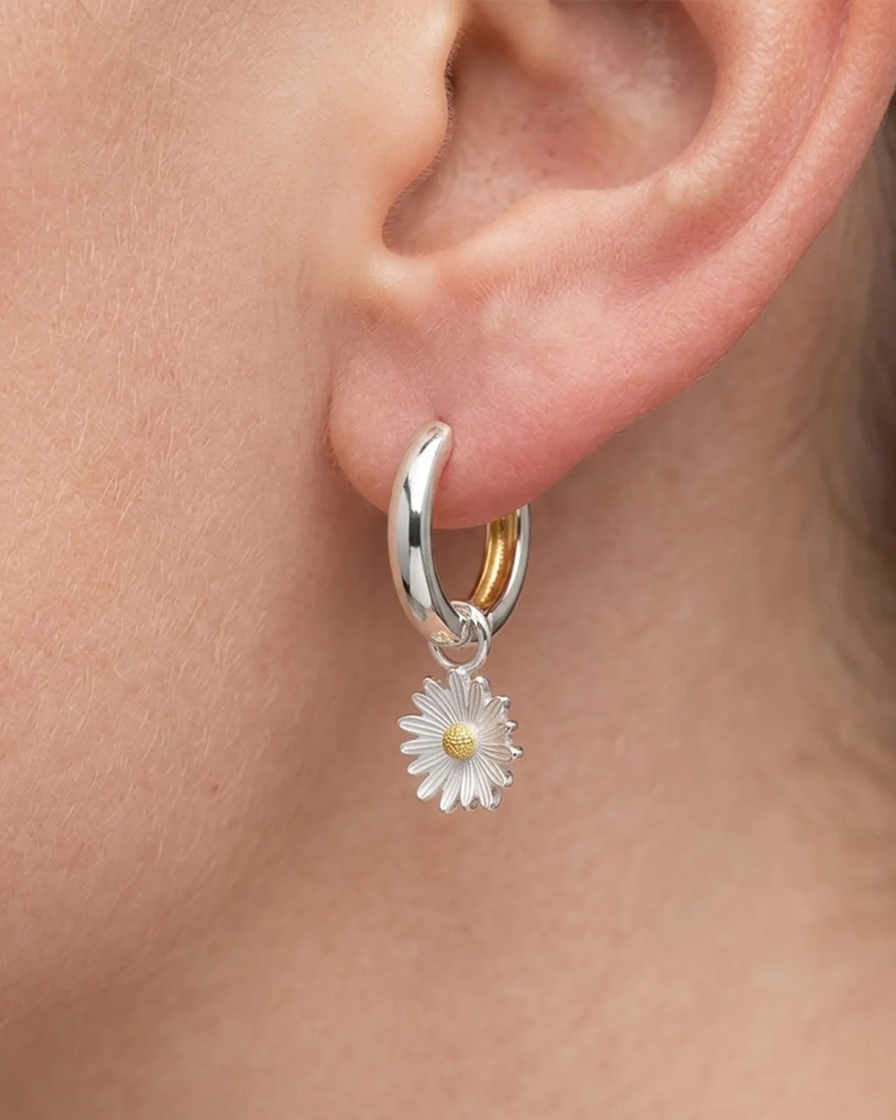 Two-tone Daisy Charm Huggie Hoop Earrings
