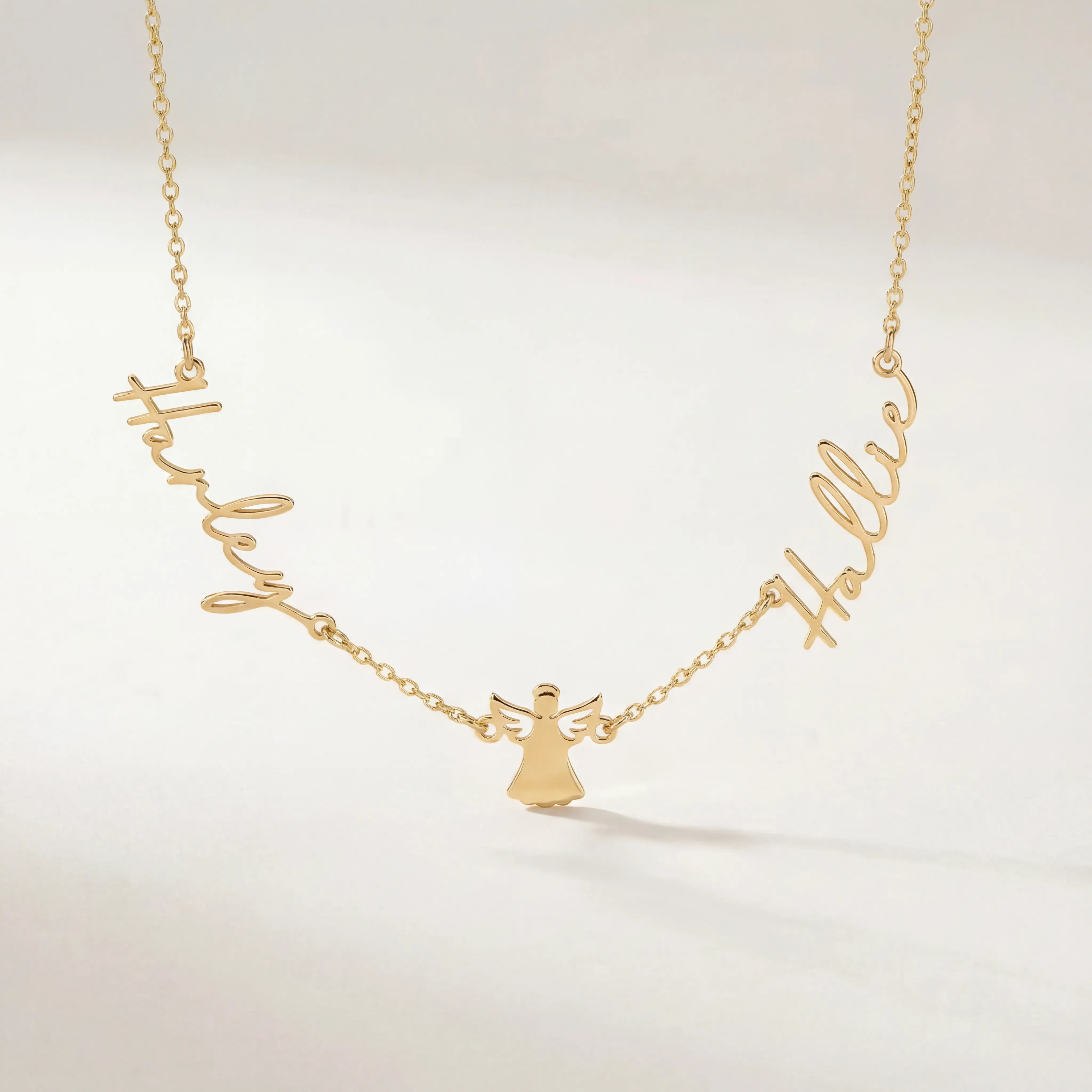 Vermeil / Style 1 / 18" Inches Necklace Double Name with Angel Necklace HBD Angel Name Necklace with Two Names – Personalised Gold & Silver Gift