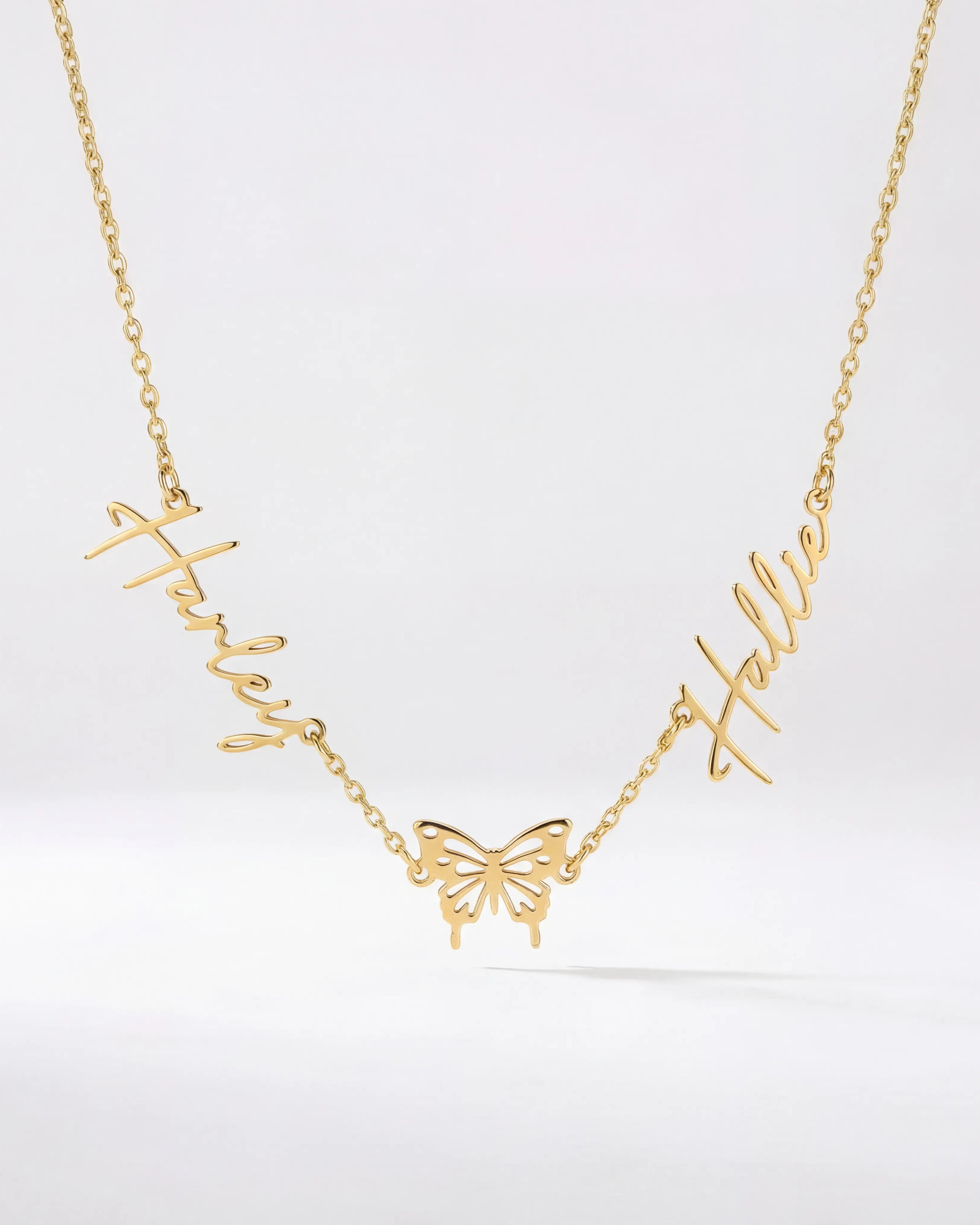 Vermeil / Style 1 / 18" Inches Necklace Double Name with Butterfly Necklace HBD Custom Double Name with Butterfly Necklace – Gold, Silver & Vermeil