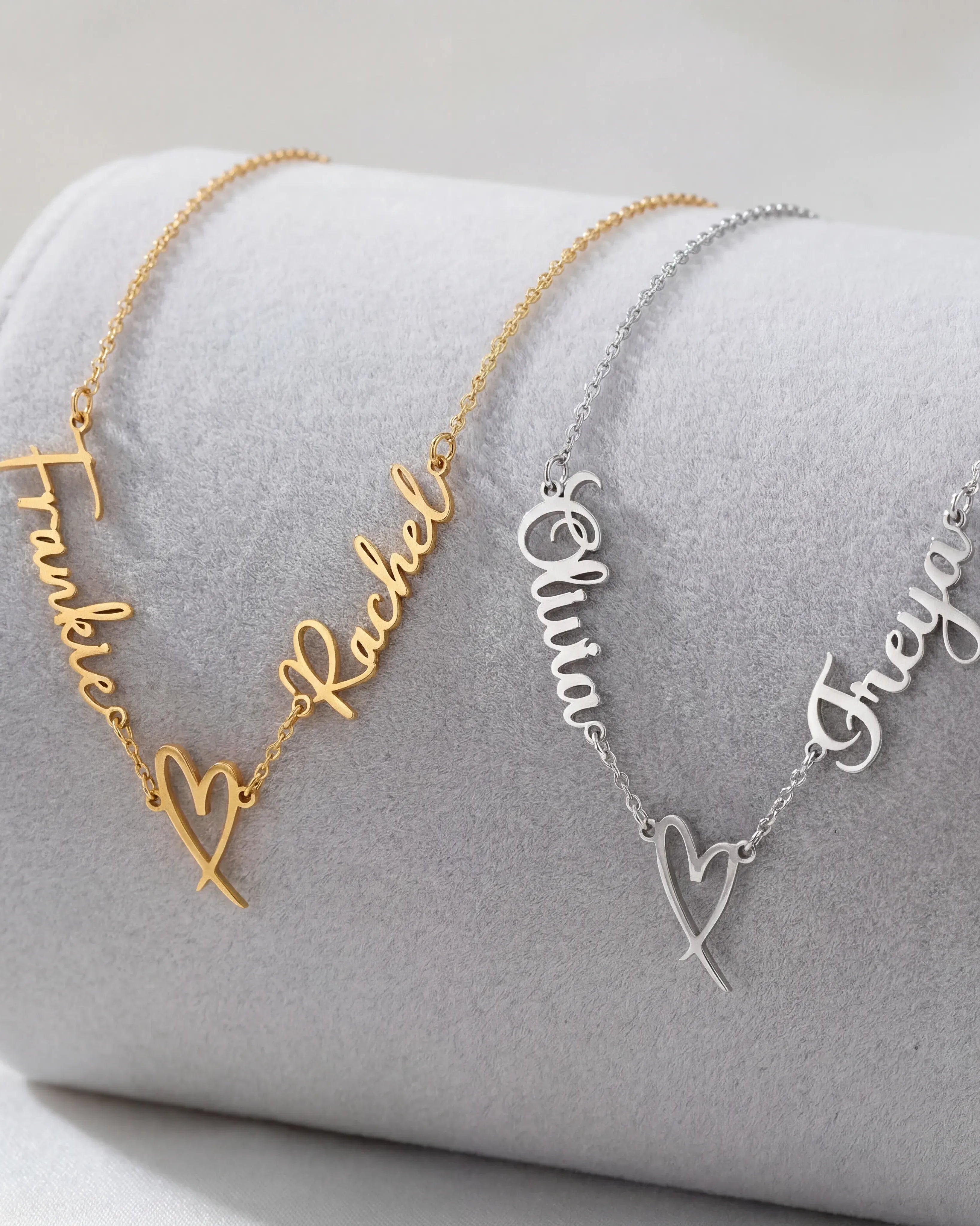 Vermeil / Style 1 / 18" Inches Necklace Double Name with Heart Necklace HBD Double Name with Heart Necklace | Personalised Couples Name & Heart in Gold & Silver - Font2