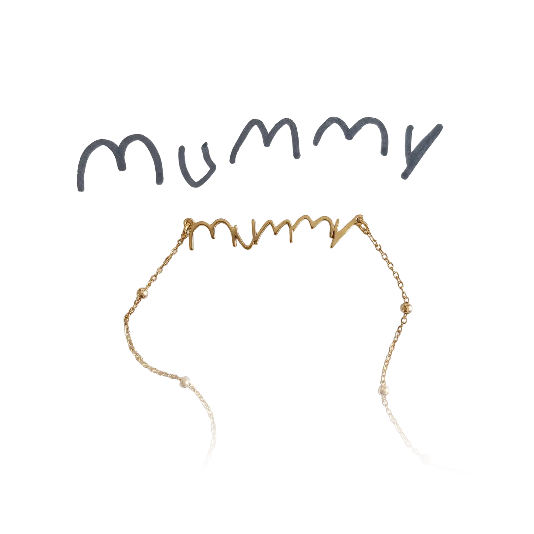 A child's handwritten word mummy in marker on white paper, with the same word cut into a gold necklace below it
