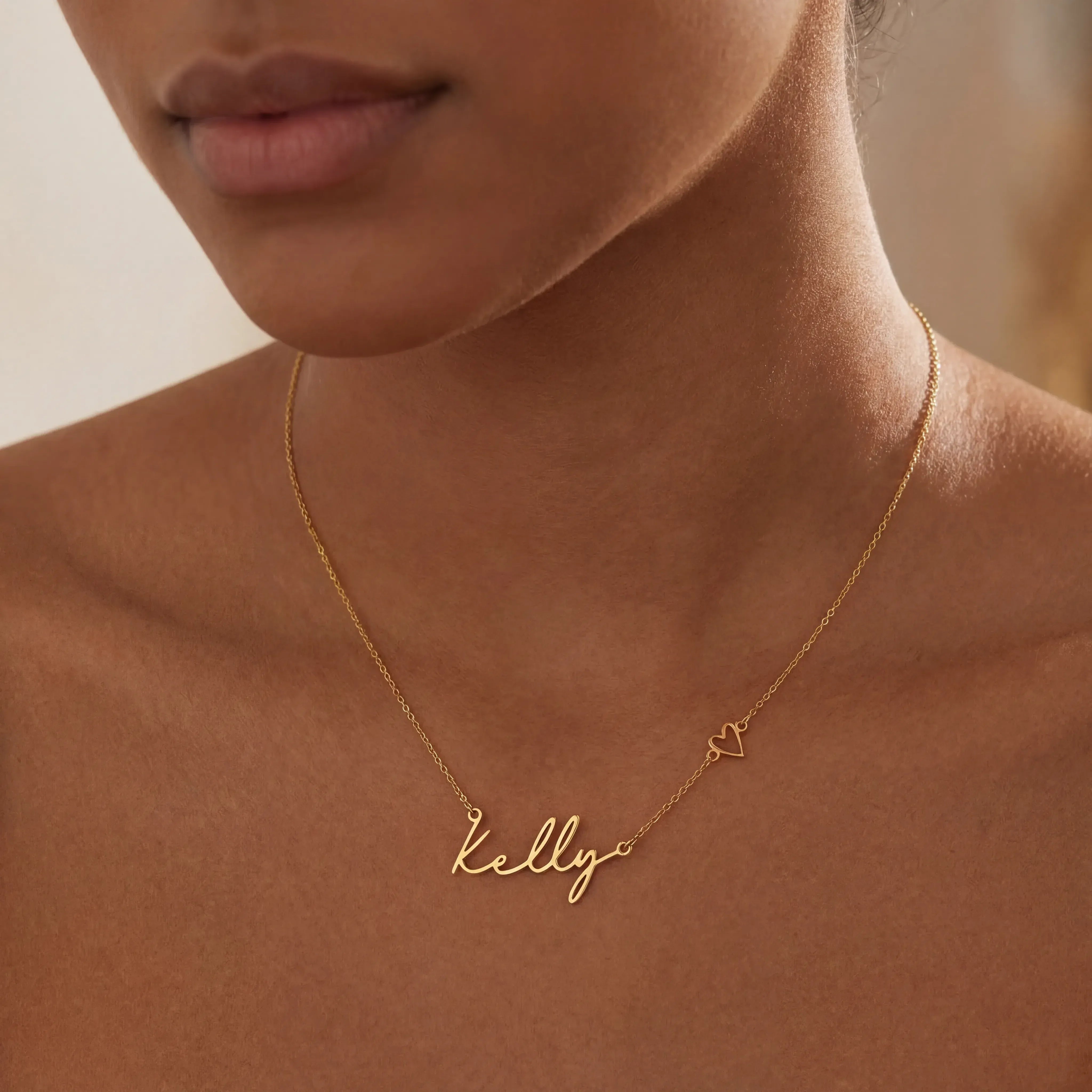 Necklace 18ct Gold / Style 1 / 18" Inches Personalised Name & Heart Necklace HBD
