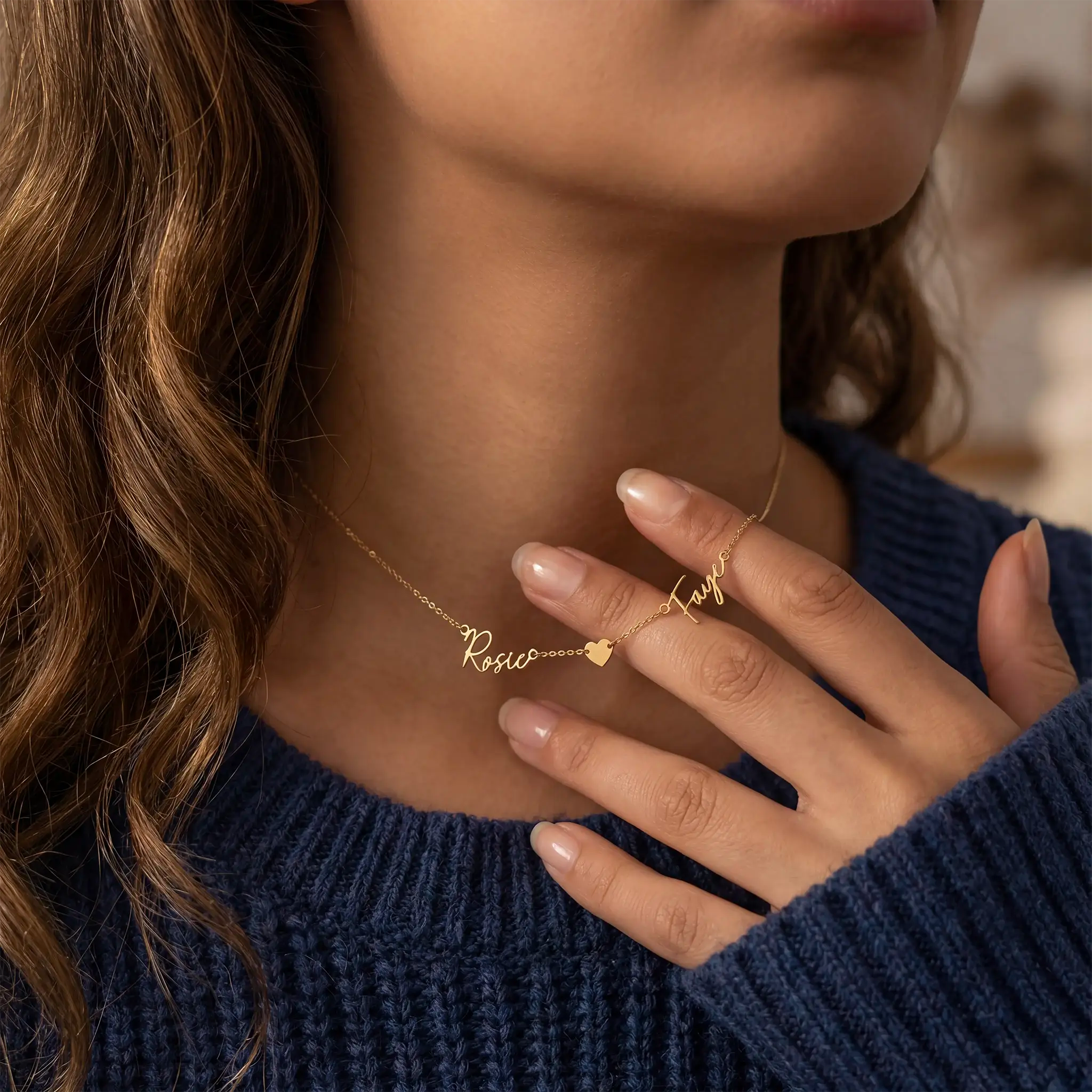 Double Name Necklace with Heart – Vermeil or Solid Silver – Personalised Script Necklace