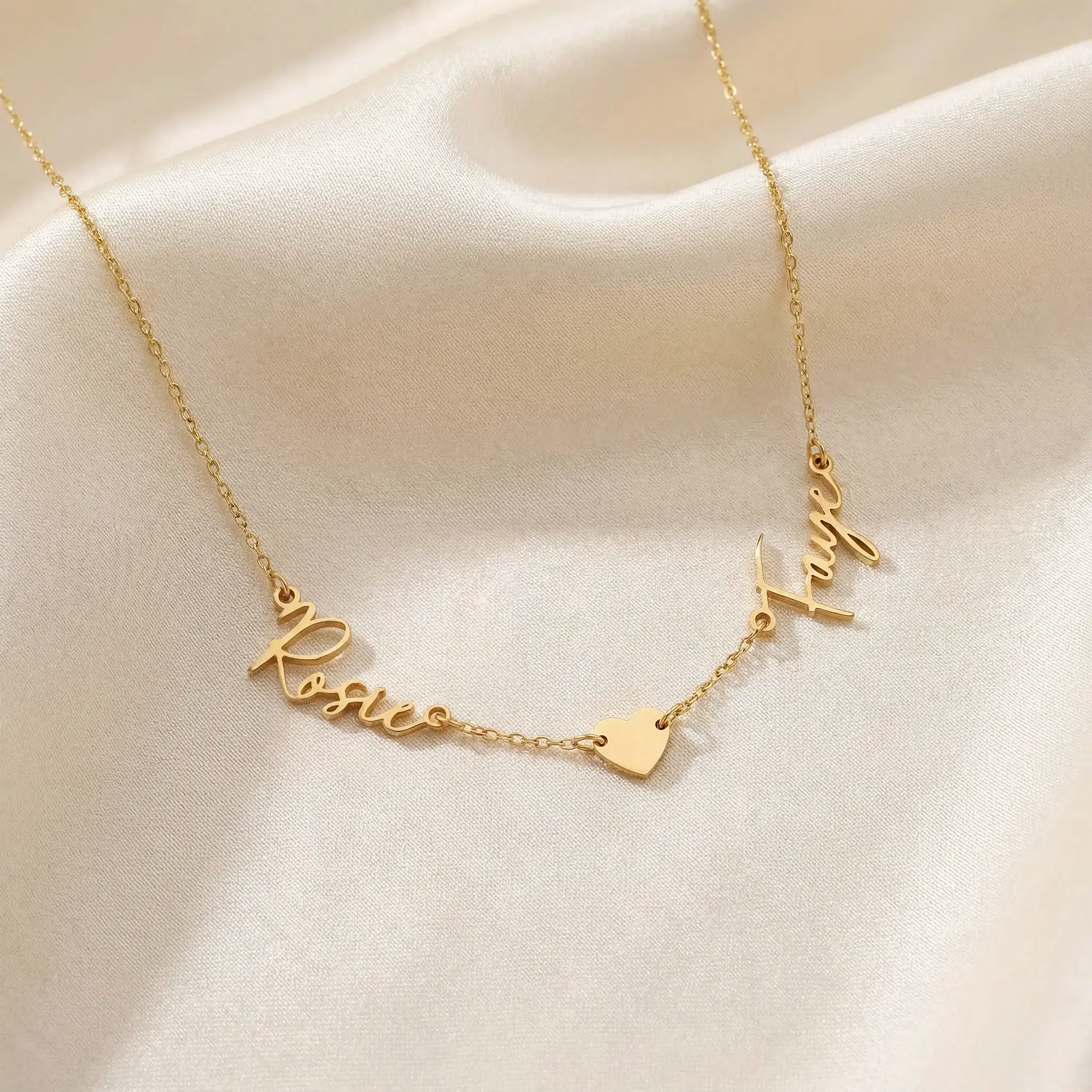 Double Name Necklace with Heart – Vermeil or Solid Silver – Personalised Script Necklace