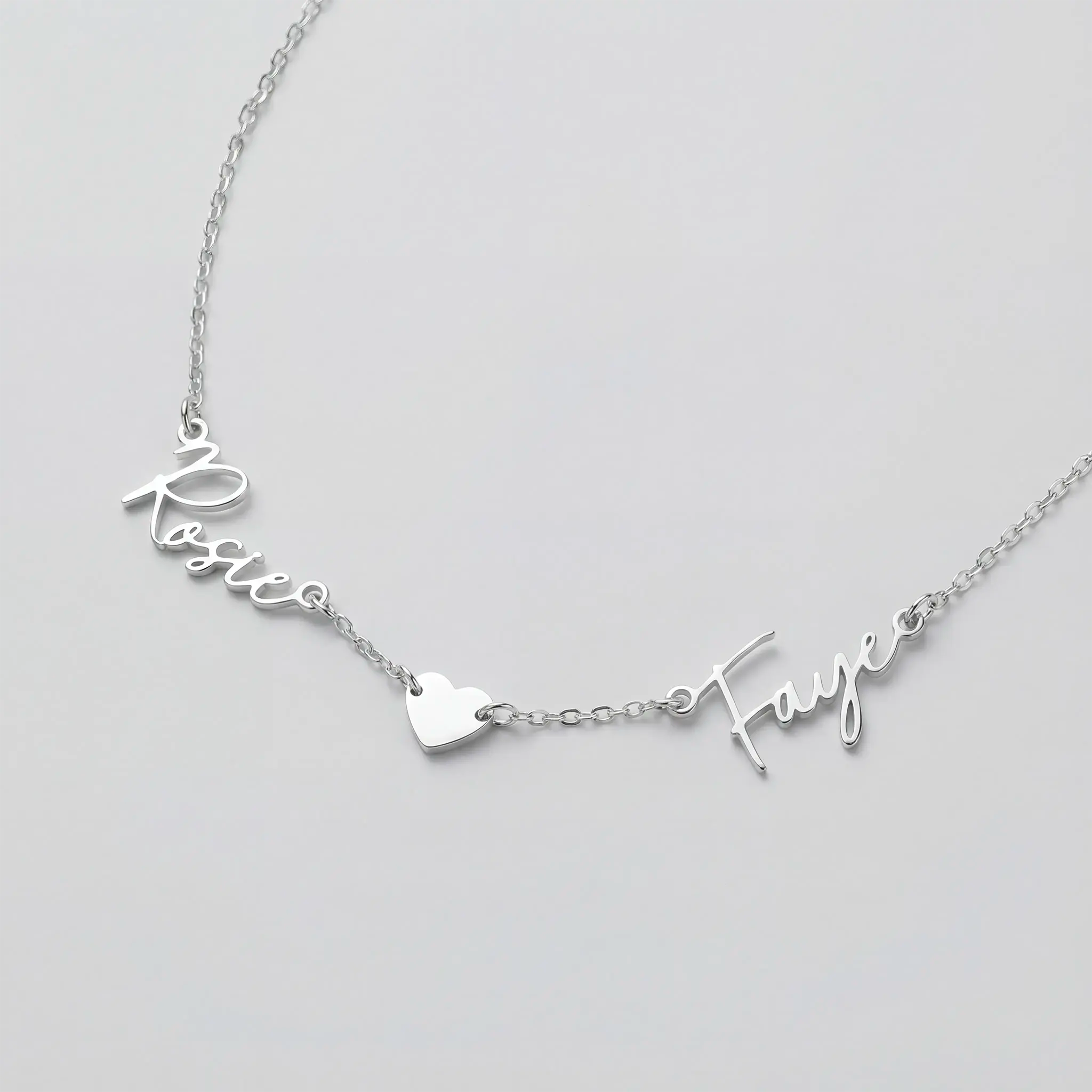 Double Name Necklace with Heart – Vermeil or Solid Silver – Personalised Script Necklace