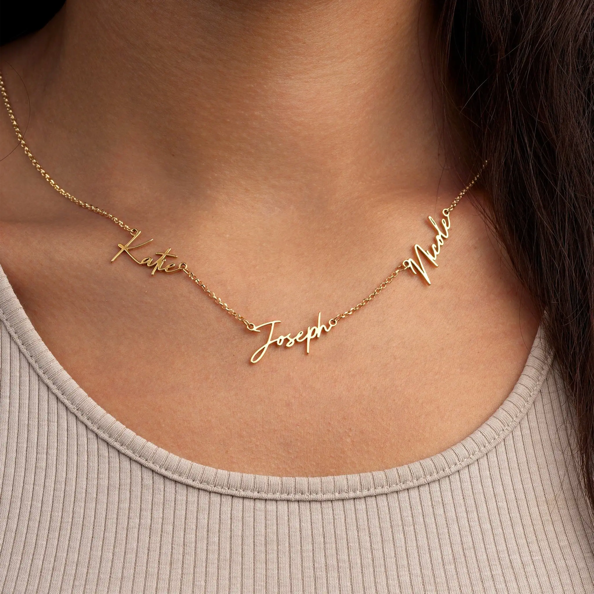 Triple Name Necklace in Gold, Silver or Vermeil – 3 Name Custom Necklace in 9 Designs