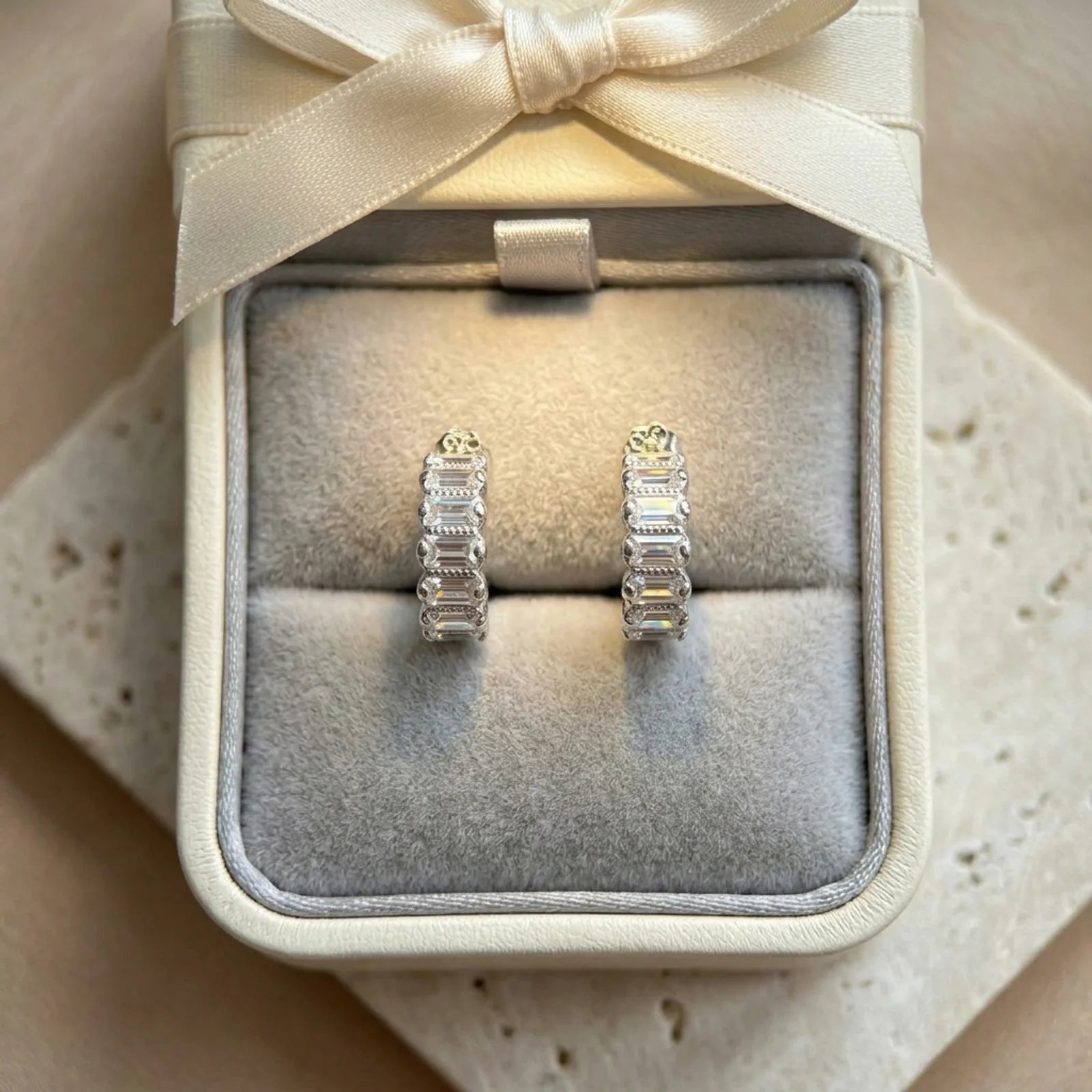 Baguette Stud Hoop Earrings in Gold & Silver
