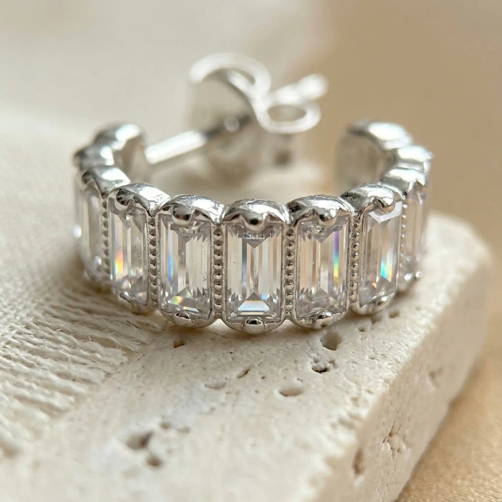 Baguette Stud Hoop Earrings in Gold & Silver