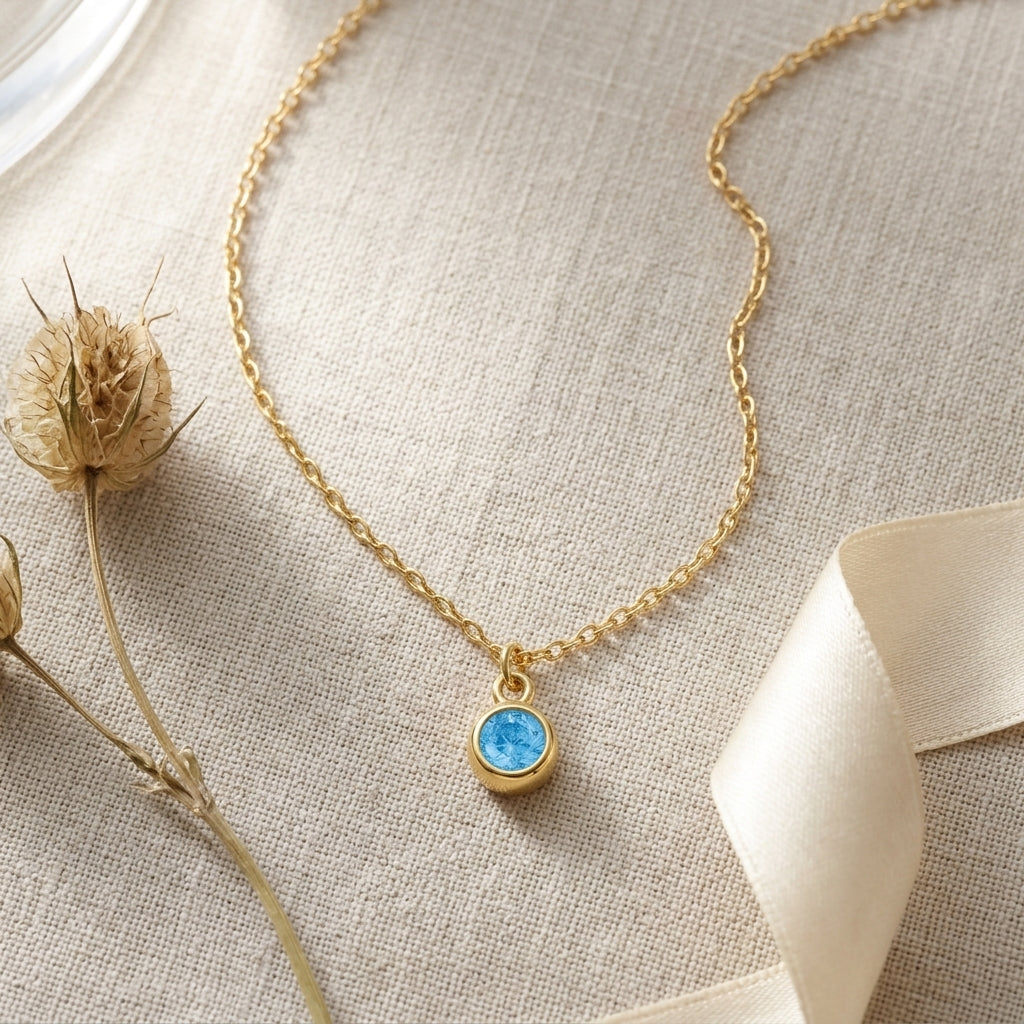 December Birthstone Necklace | Blue Zircon, Gold & Silver