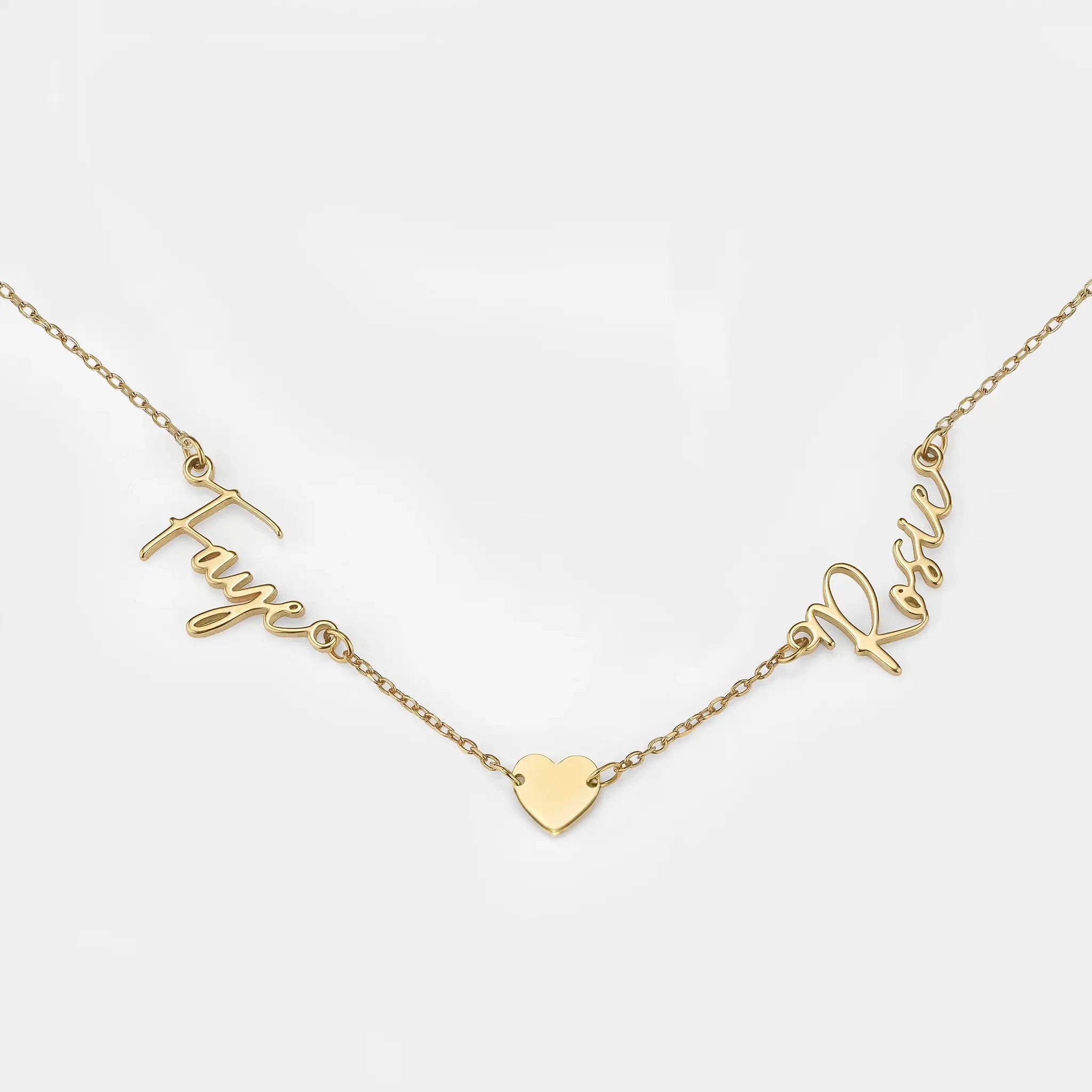 Double Name Necklace with Heart – Vermeil or Solid Silver – Personalised Script Necklace