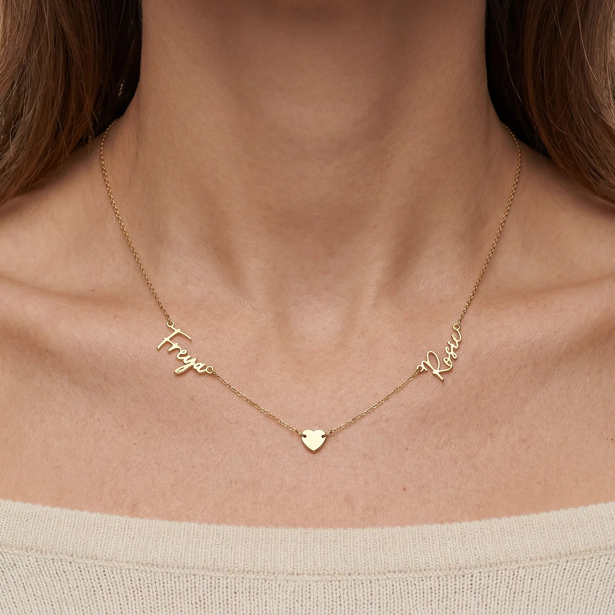 Double Name Necklace with Heart – Vermeil or Solid Silver – Personalised Script Necklace