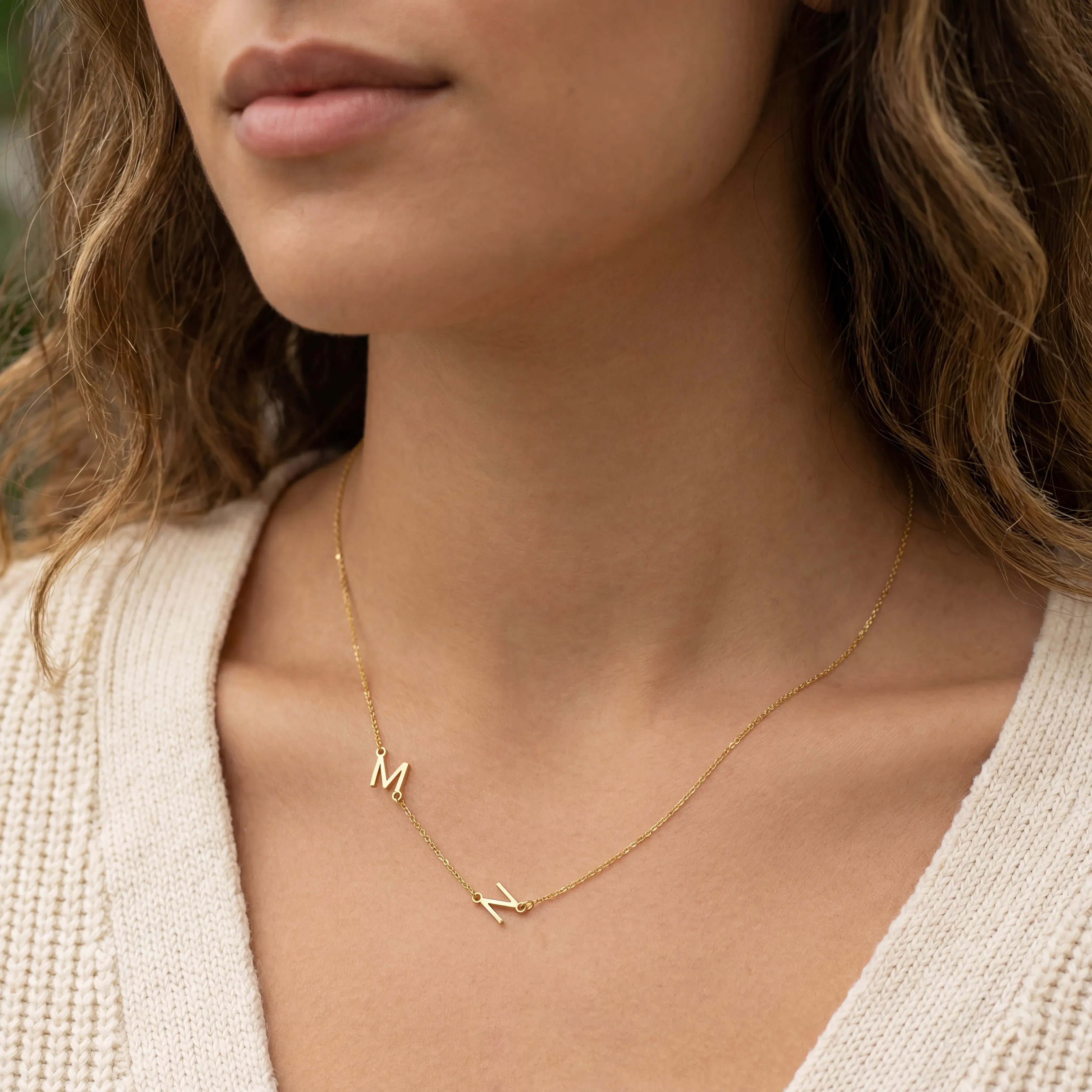 Double Sideways Initial Necklace in Gold or Silver