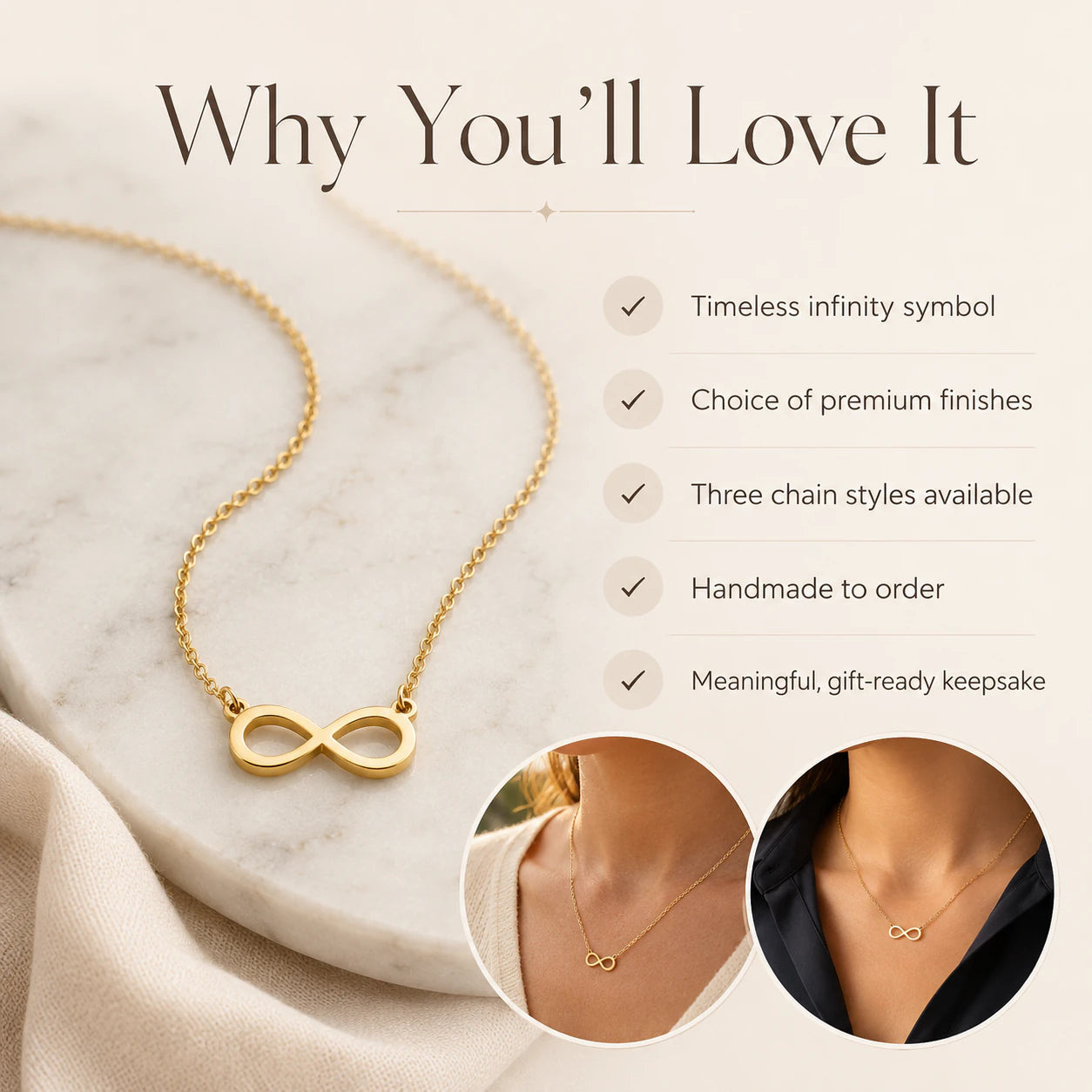 Infinity Necklace for Women in Gold, Silver & Vermeil