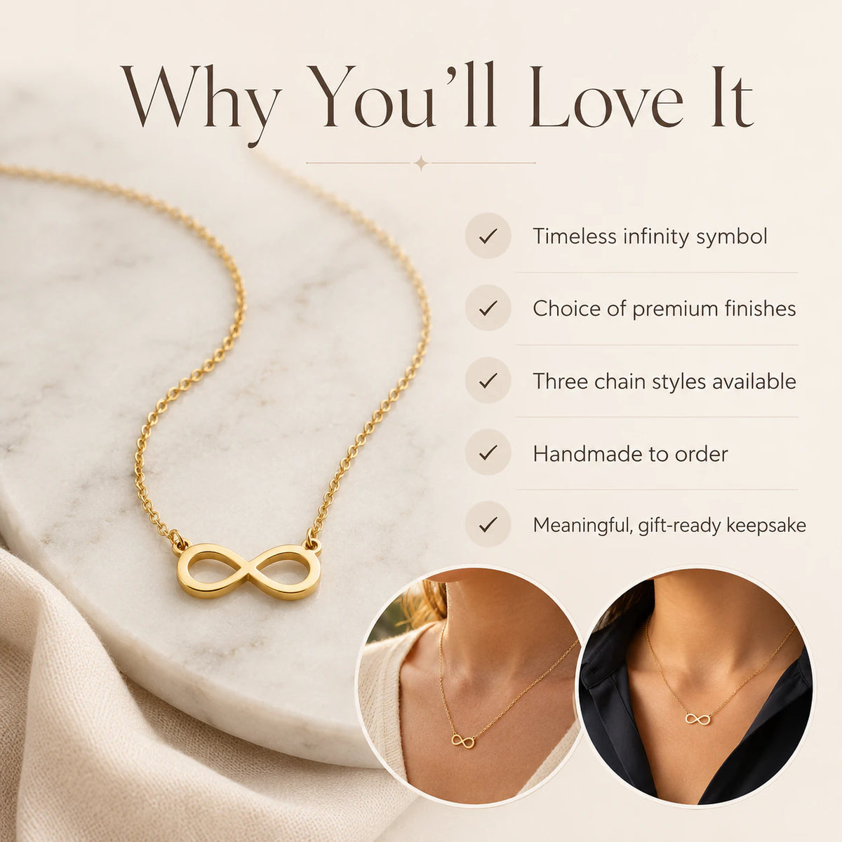 Infinity Necklace for Women in Gold, Silver & Vermeil
