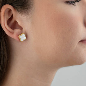 Mother of Pearl Quatrefoil Stud Earrings – Elegant Beaded Edge Design