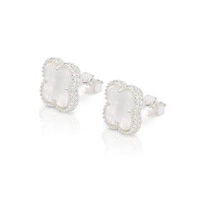 Mother of Pearl Quatrefoil Stud Earrings – Elegant Beaded Edge Design