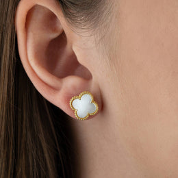 Mother of Pearl Quatrefoil Stud Earrings – Elegant Beaded Edge Design