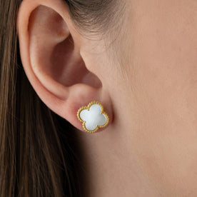 Mother of Pearl Quatrefoil Stud Earrings – Elegant Beaded Edge Design