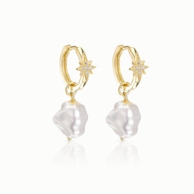 Gold-Plated Star & Baroque Pearl Drop Earrings – Elegant Gold Hoop Earrings with Cubic Zirconia